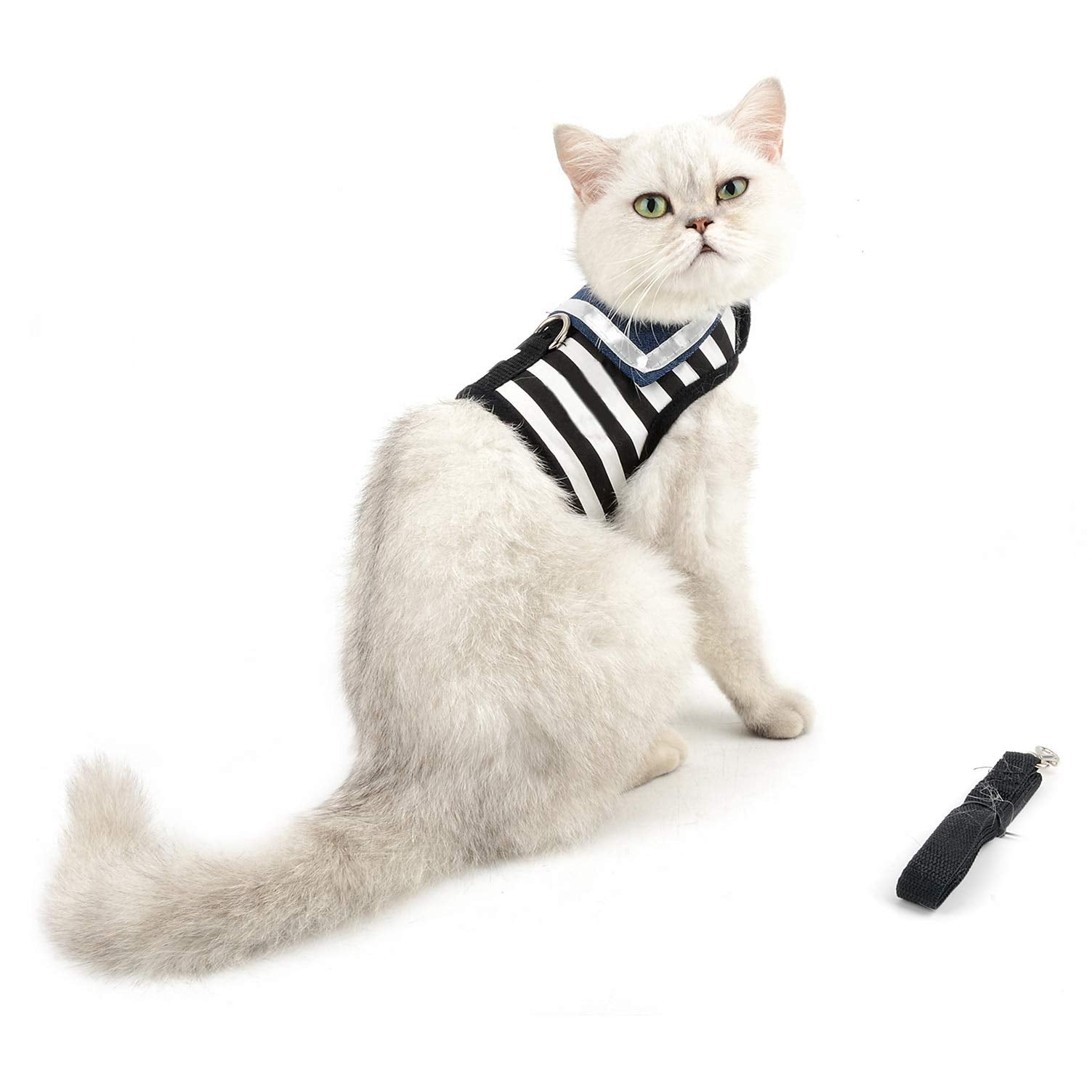 Smalllee_Lucky_Store Soft Mesh Sailor Harness For Cat And Small Dogs, Pet Navy Striped Walking Vest Puppy Padded Harnesses Leash Set Adjustable Black S