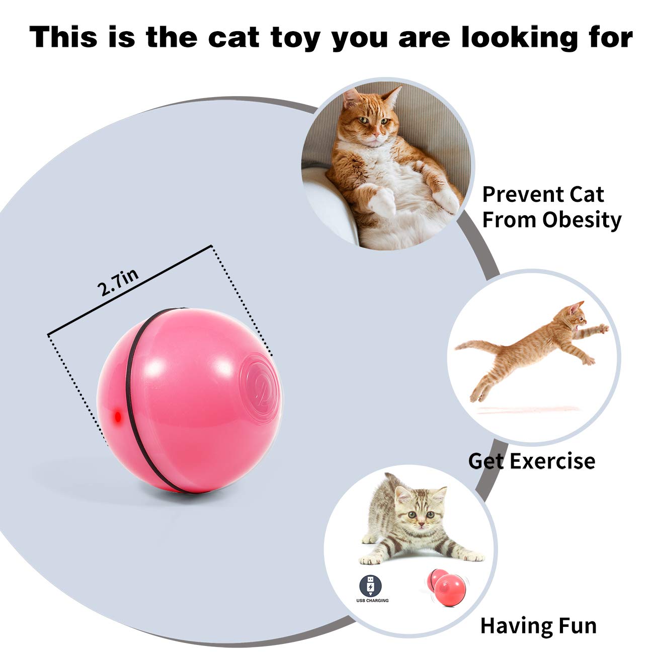 Yofun Smart Interactive Cat Toy - Newest Version 360 Degree Self Rotating Ball, Usb Rechargeable Pet Toy, Build-In Spinning Led Light, Stimulate Hunting Instinct For Your Kitty (Pink)