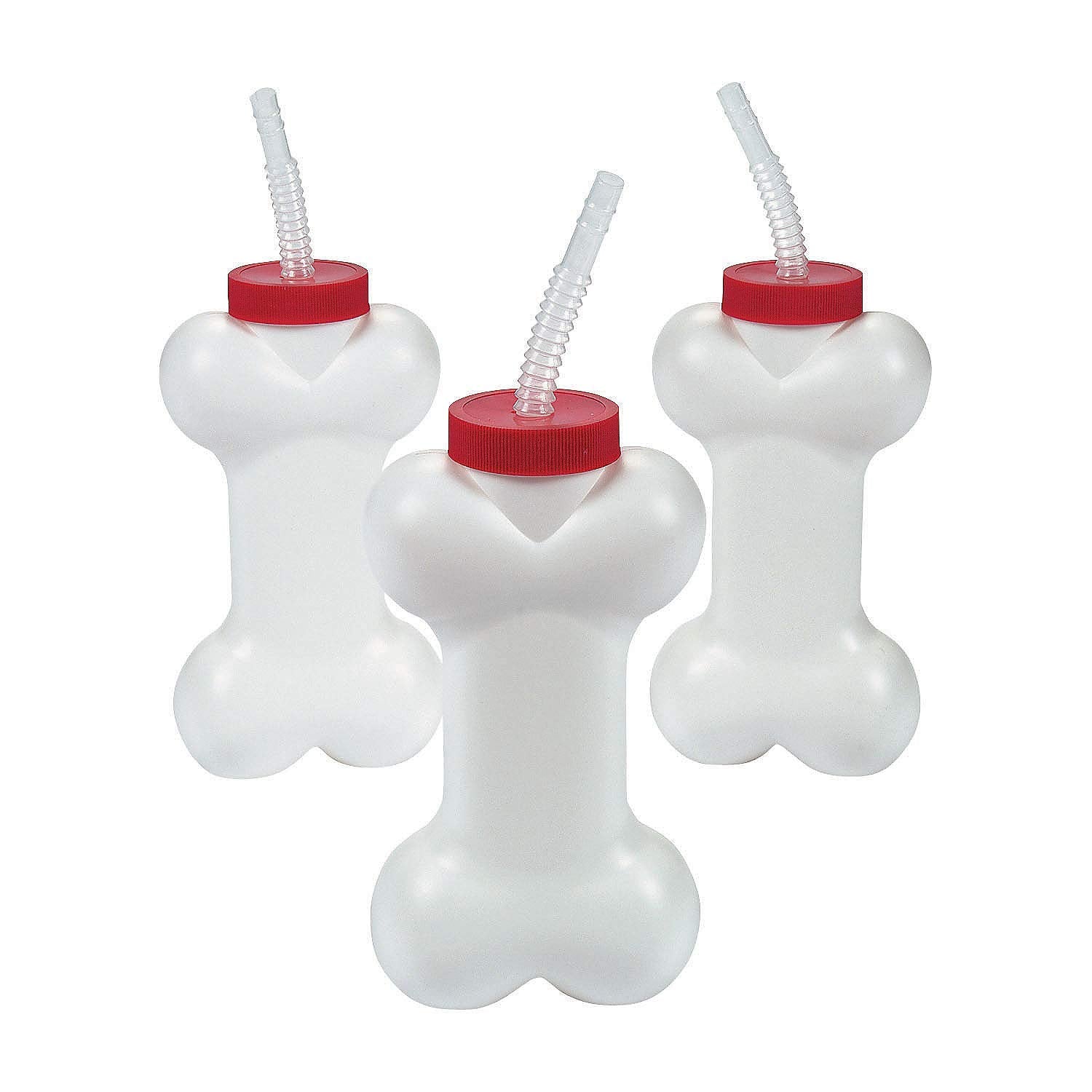 Fun Express 12 Count Dog Bone Cups With 7.5 Inch Straws - 14 Oz Bone-Shaped Cups - Puppy Dog Birthday Party Supplies And Favors