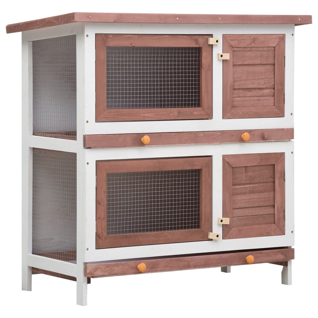 vidaXL 2-Layer Outdoor Rabbit Hutch with Waterproof Green Roof, Iron Wire Mesh, Pull-Out Trays, and 4 Doors - Brown and White W