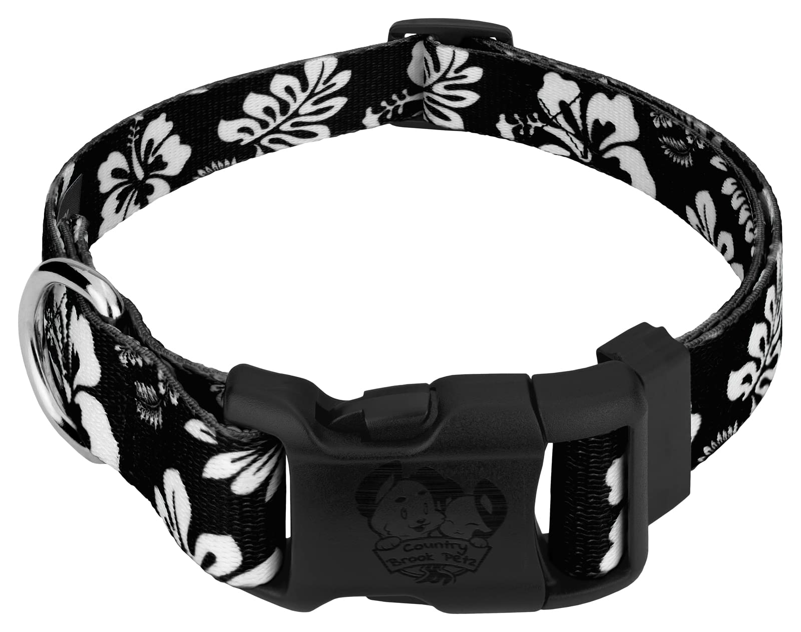 Country Brook Petz - Deluxe Black Hawaiian Dog Collar - Made in The U.S.A. - Summer Breeze Collection Featuring Sunny Designs (1