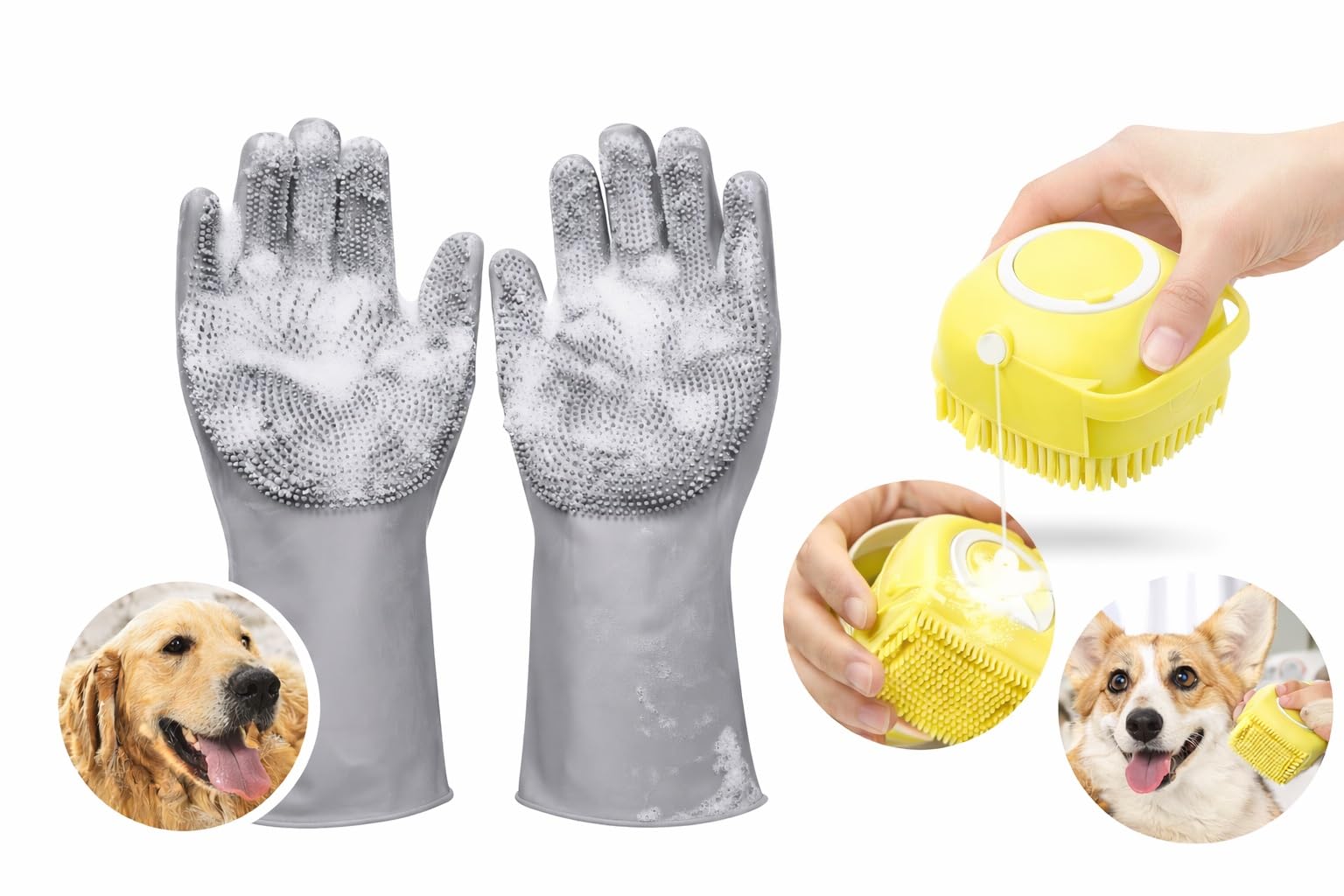 Zigzap Silicone Pet Bathing Gloves (1 Pair) With Shampoo Dispensing Brush | Dog & Cat Grooming Gloves For Bathing, Fur Cleaning,