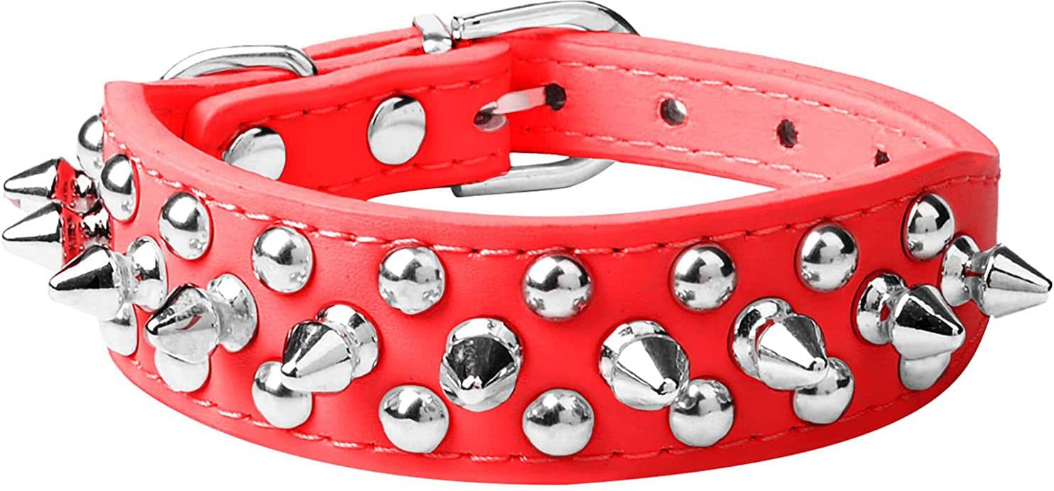 haoyueer Spiked Dog Collar Soft Pu Leather Mushrooms Rivet Spike Studded Puppy Adjustable Pet Collars for Small Breeds (L, Red)