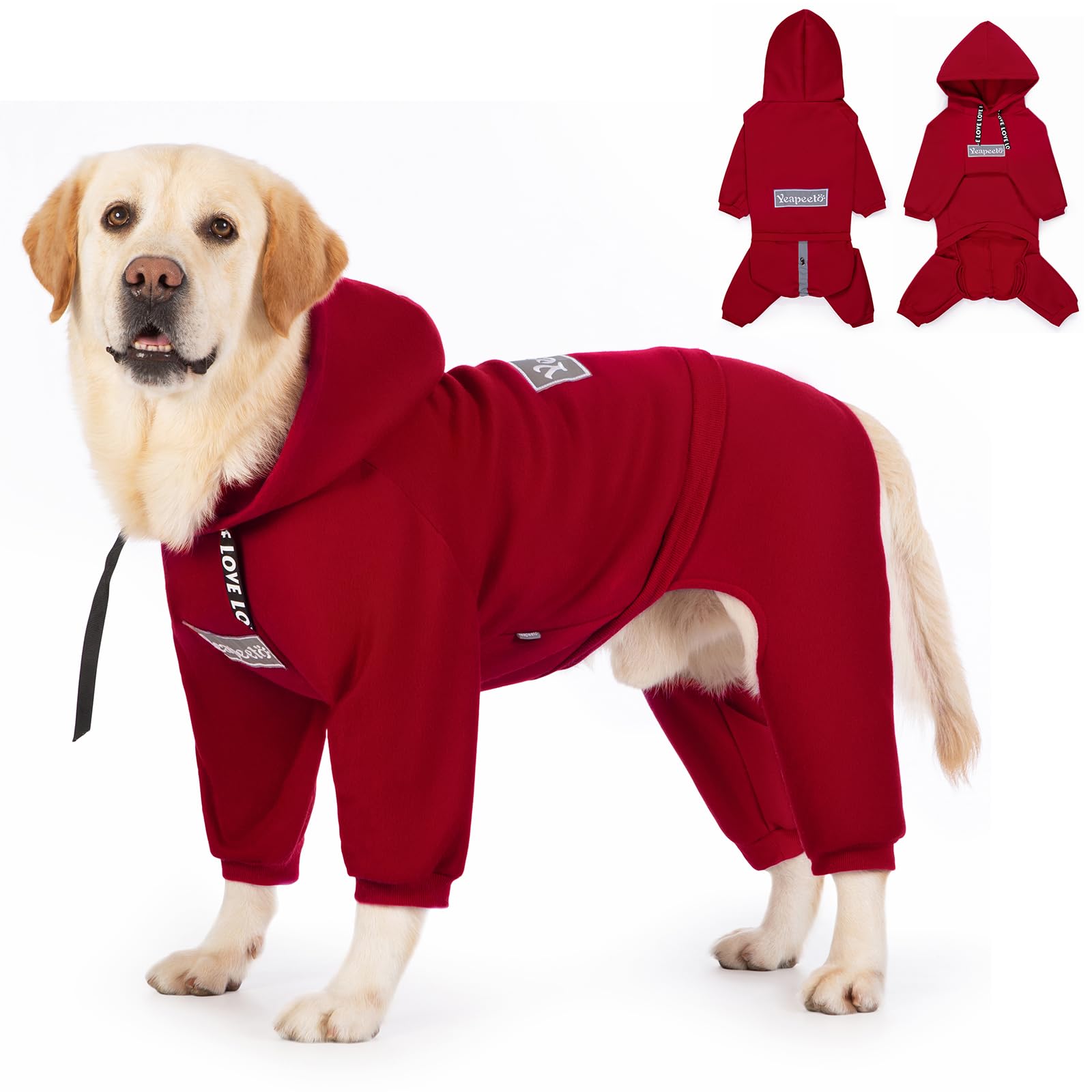 Winter Hooded Sweatshirt For Large Medium Dogs - Pullover 4 Legs Warm Coat, Fleece Hoodie For Cold Weather (Red, 2X-Large)