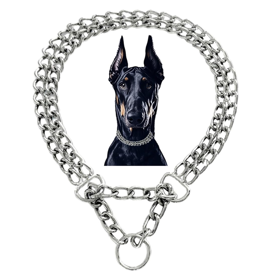 Silver Choke Collar For Dogs,2 Rows Stainless Steel Dog Chain Chew Proof Cuban Link Metal Martingale Collar Heavy Duty Training 