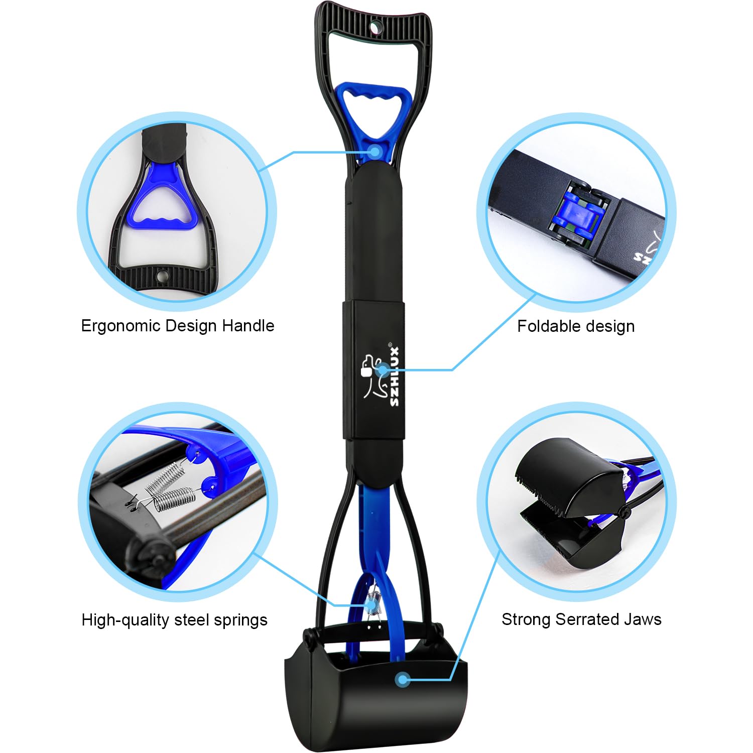 Szhlux 28' Pooper Scooper, Foldable Dog Pooper Scooper With Unbreakable Material And Durable Spring For Grass And Gravel, Blue