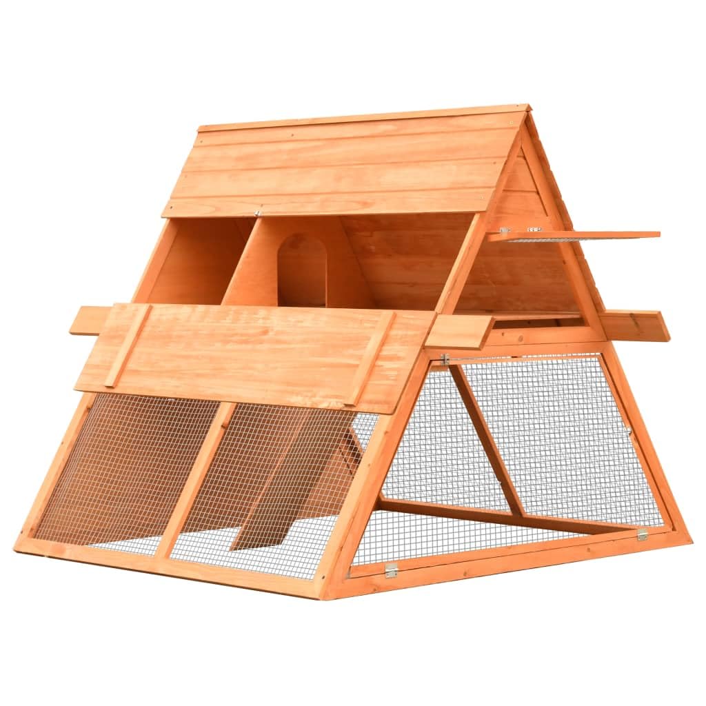 vidaXL Rabbit Hutch in Solid Pine & Fir Wood - A-Shaped Design, Iron Wire Mesh, Easy-Climb Ramp, Pull-Out Tray, Lockable Doors, Brown