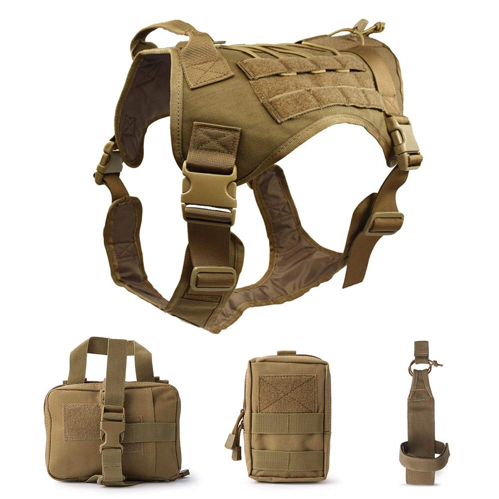 Tactical Service Dog Harness, Dog Training Vest Pet Harness With Molle Pouches And Bottle Holder-Tan-L