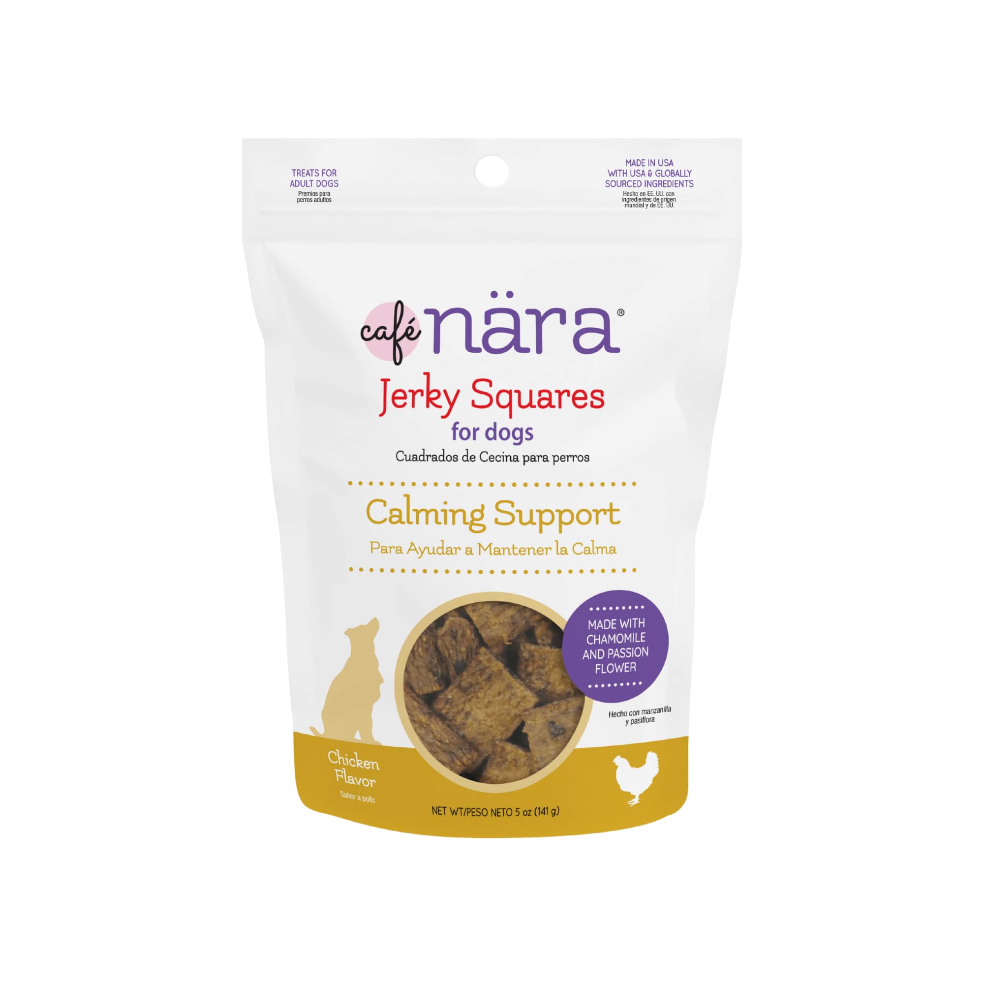 Caf   Nara Calming Support Jerky Squares for Dogs - Chicken Flavor - with Chamomile, Passion Flower & L-Theanine - All-Natural R