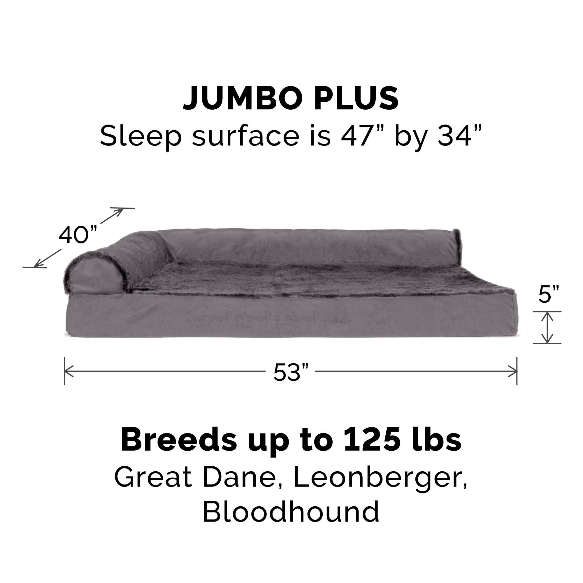 Furhaven Replacement Dog Bed Cover Plush & Velvet L Shaped Chaise, Machine Washable - Platinum Gray, Jumbo Plus (XX-Large)