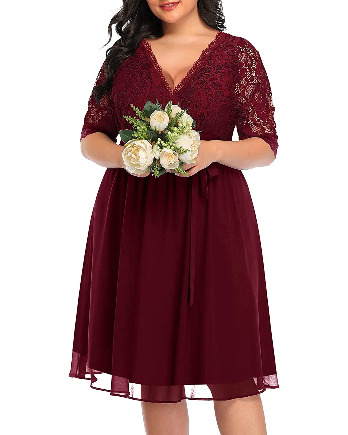 Pinup Fashion Plus Size Cocktail Dresses Women Burgundy Red Lace Top Chiffon Wedding Guest Semi-Formal Maroon Evening Party Wrap