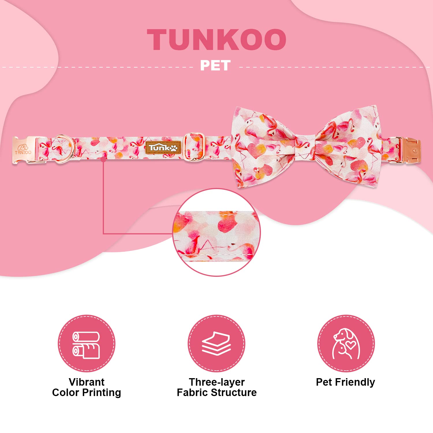 Tunkoo Super Cute Dog Collar With Bow Tie Pink Flamingo Heart - Durable, Adjustable, And Stylish Pet Collar Available In Small M