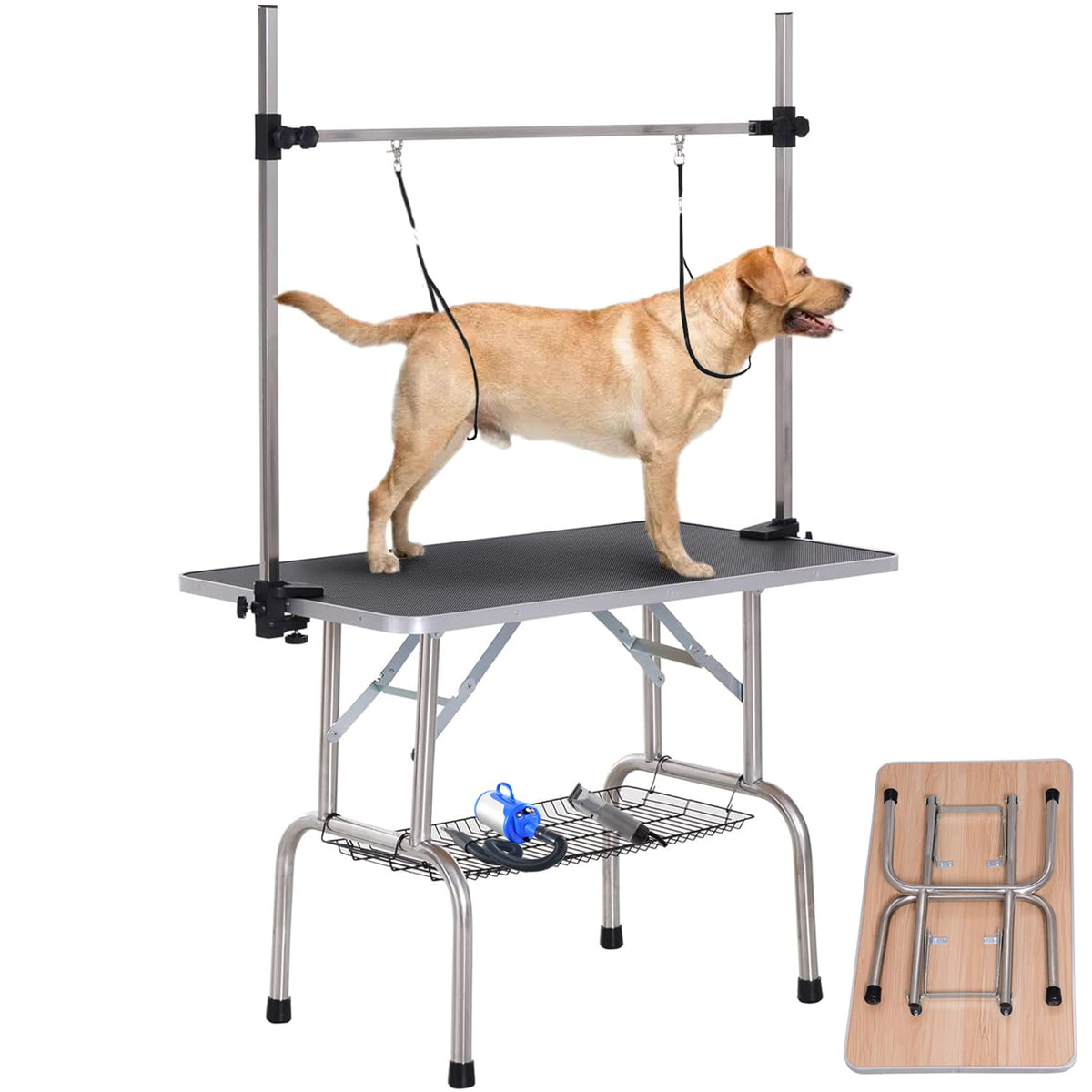 Large Dog Pet Grooming Table, Professional Adjustable Cat Drying Table, Foldable Trimming Station With Arms, Nooses, Mesh Tray, Maximum Capacity Up To 330Lbs, 46''/Black