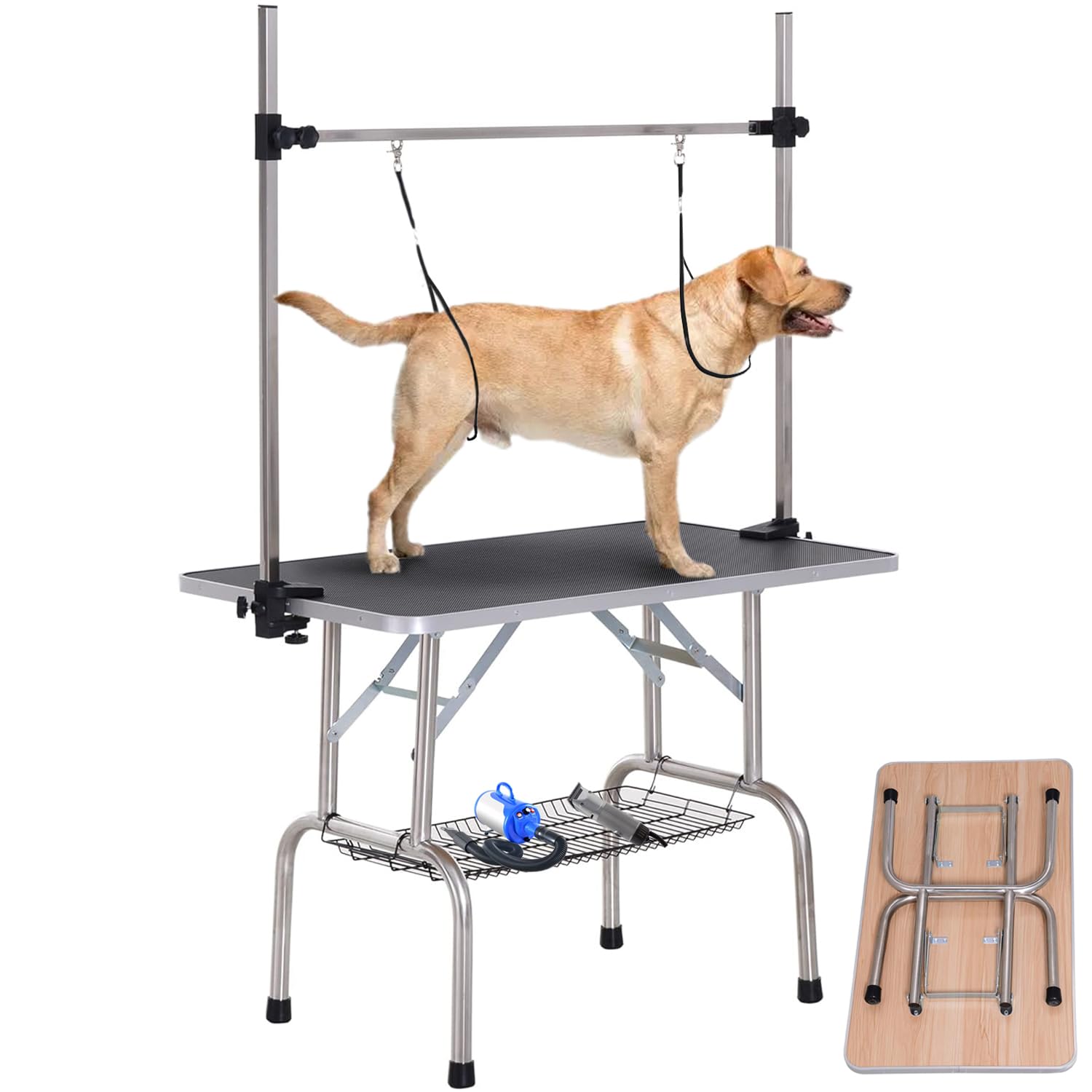 Jintangli Pet Dog Pet Grooming Table For Large Dogs Adjustable Height Heavy Duty Professional Portable Trimming Table With Arm/Noose/Mesh Tray, Maximum Capacity Up To 330 Lbs, 36''/Black