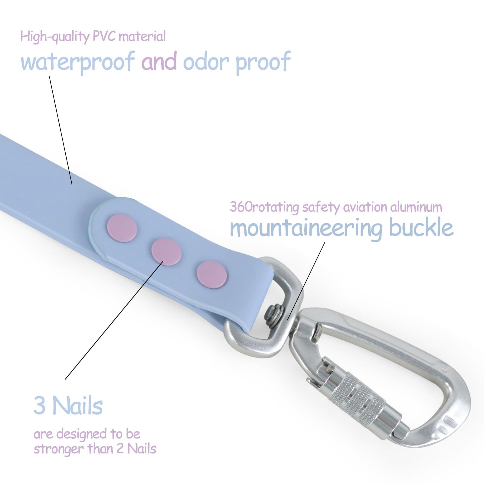 Wolfone 6Ft Safety Auto-Lock Carabiner Dog Leash Soft Handle Waterproof Cute Colored Leash For Dogs Light Blue