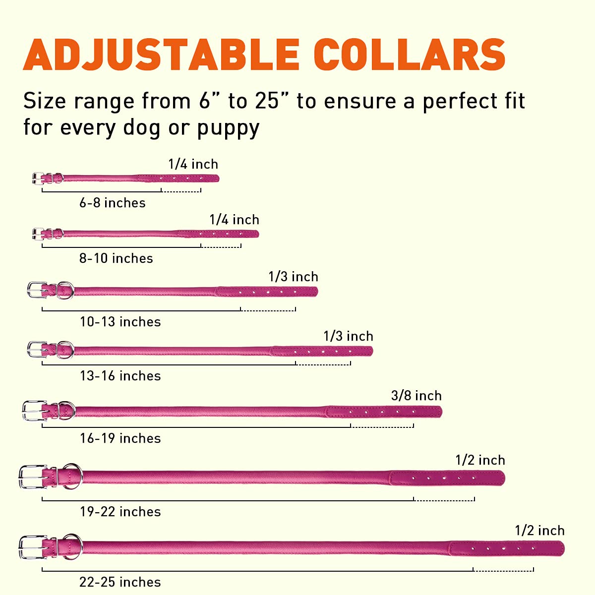 Dogline 1/2-Inch Wide Soft Padded Rolled Round Leather Dog Collar, 22 To 25-Inch Length, Hot Pink