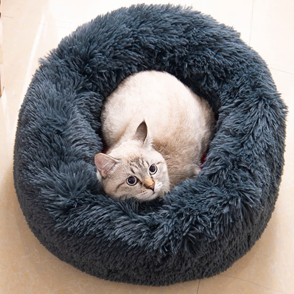 Cat Beds For Indoor Cats - Small Dog Bed Washable 24 Inches, Anti Anxiety Round Fluffy Plush Faux Fur Pet Bed, Thick Bottom (Dar