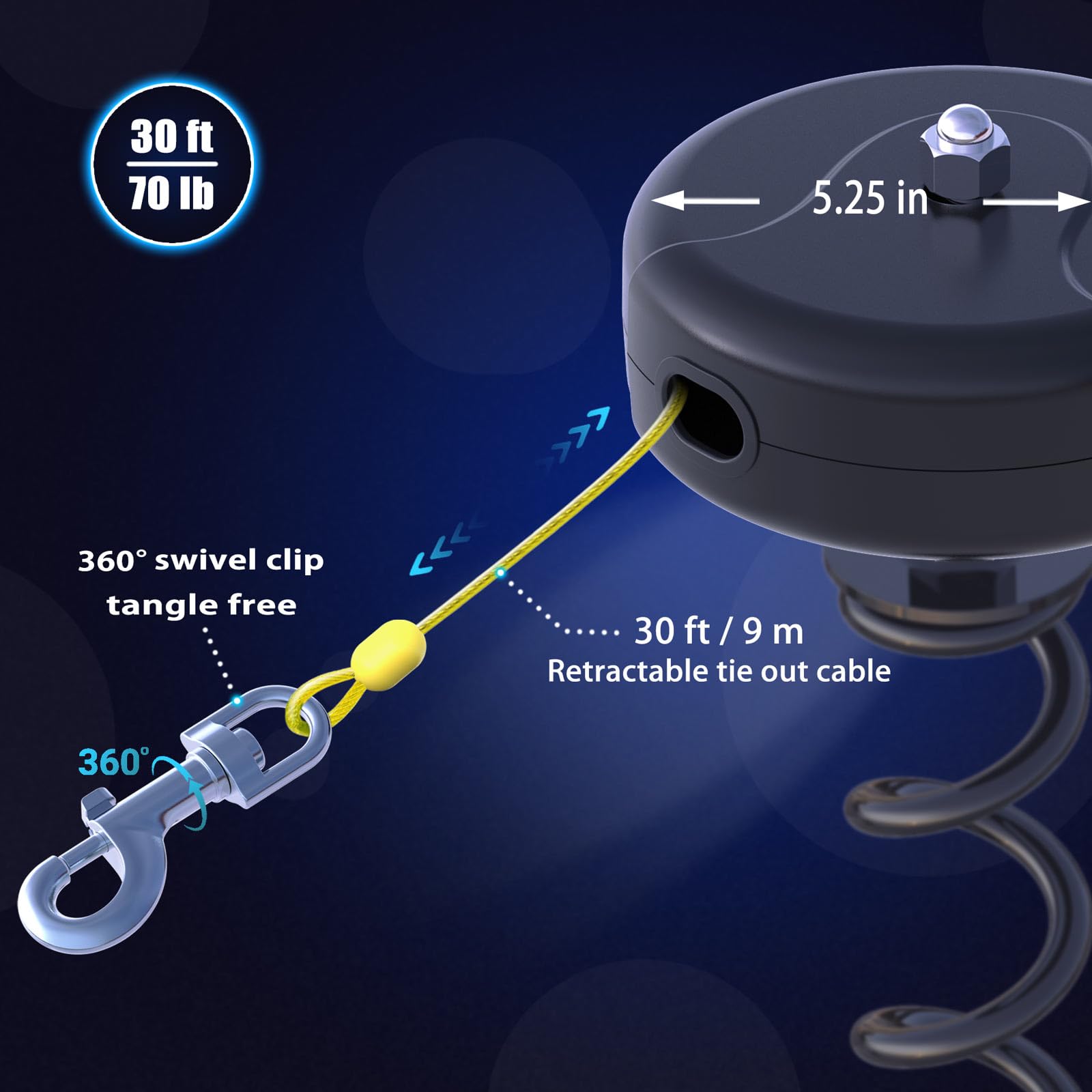 Dog Tie Out Cable and Stake 360 No Tangle Heavy Spiral Yard Stake and Retractable Dog Leash for Dogs Up to 10-90 lbs, 30ft Dog C