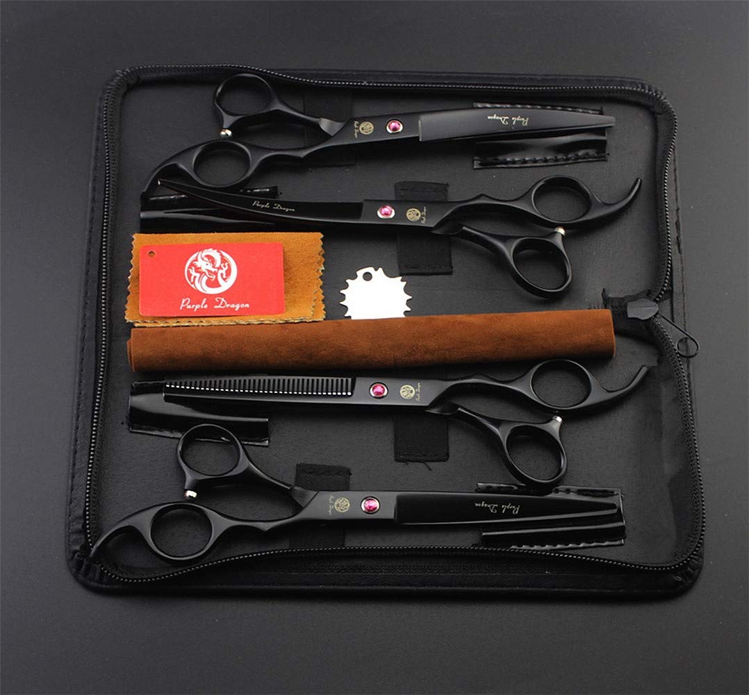 Purple Dragon Professional 7.0 Inch 4Pcs Pet Grooming Scissors Kit Japan Premium Steel Straight & Curved & Thinning Blade Dog Hair Cutting Shears Set With Case