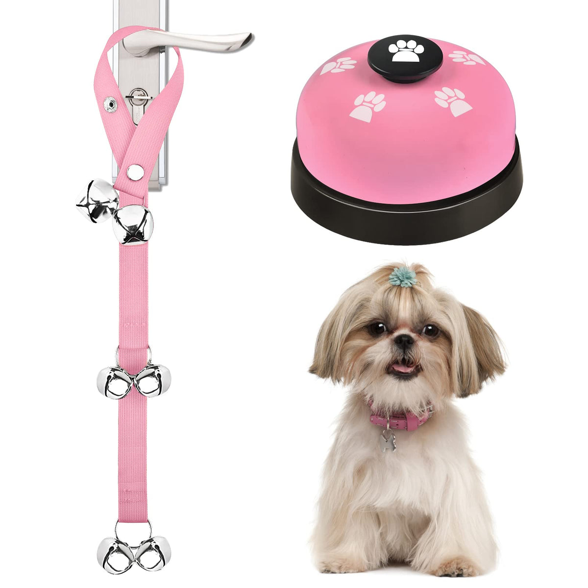 Jimejv 2 Pack Dog Doorbells, Pet Training Bells For Go Outside Potty Training And Communication Device Large Loud Dog Bell Cat Puppy Interactive Toys Adjustable Strap Door Bell (Pink)