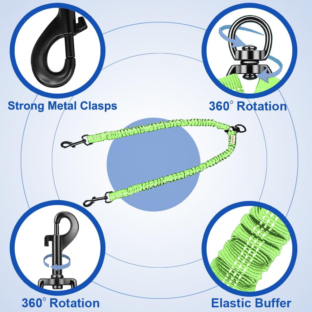 Mingxpets Double Dog Leash, Dual Dog Leash, 360 Swivel Tangle Free Bungee Walking Training For Medium Dogs, Shock Absorbing Bung