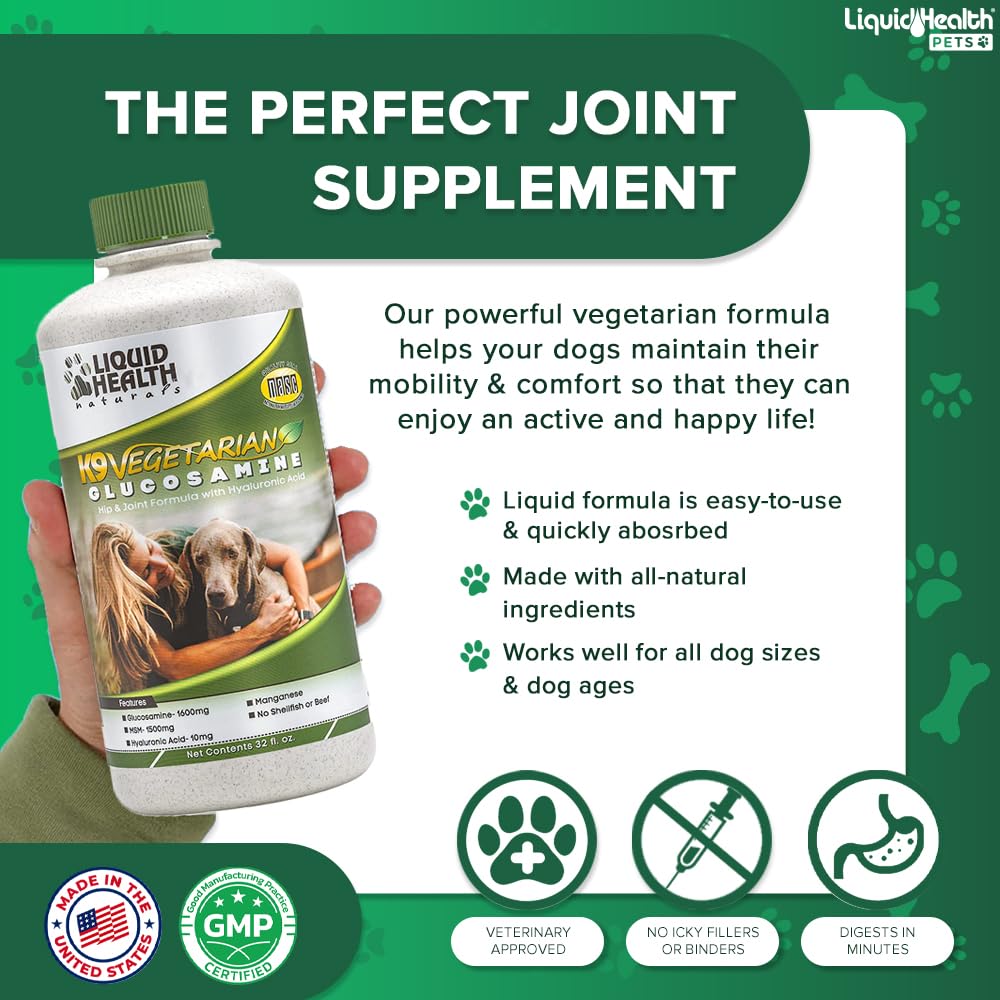 LIQUIDHEALTH K9 Vegetarian Liquid Glucosamine 128 Oz - Joint Health, Chondroitin, MSM, Omega 3, Anti-Oxidants, Hyaluronic Acid