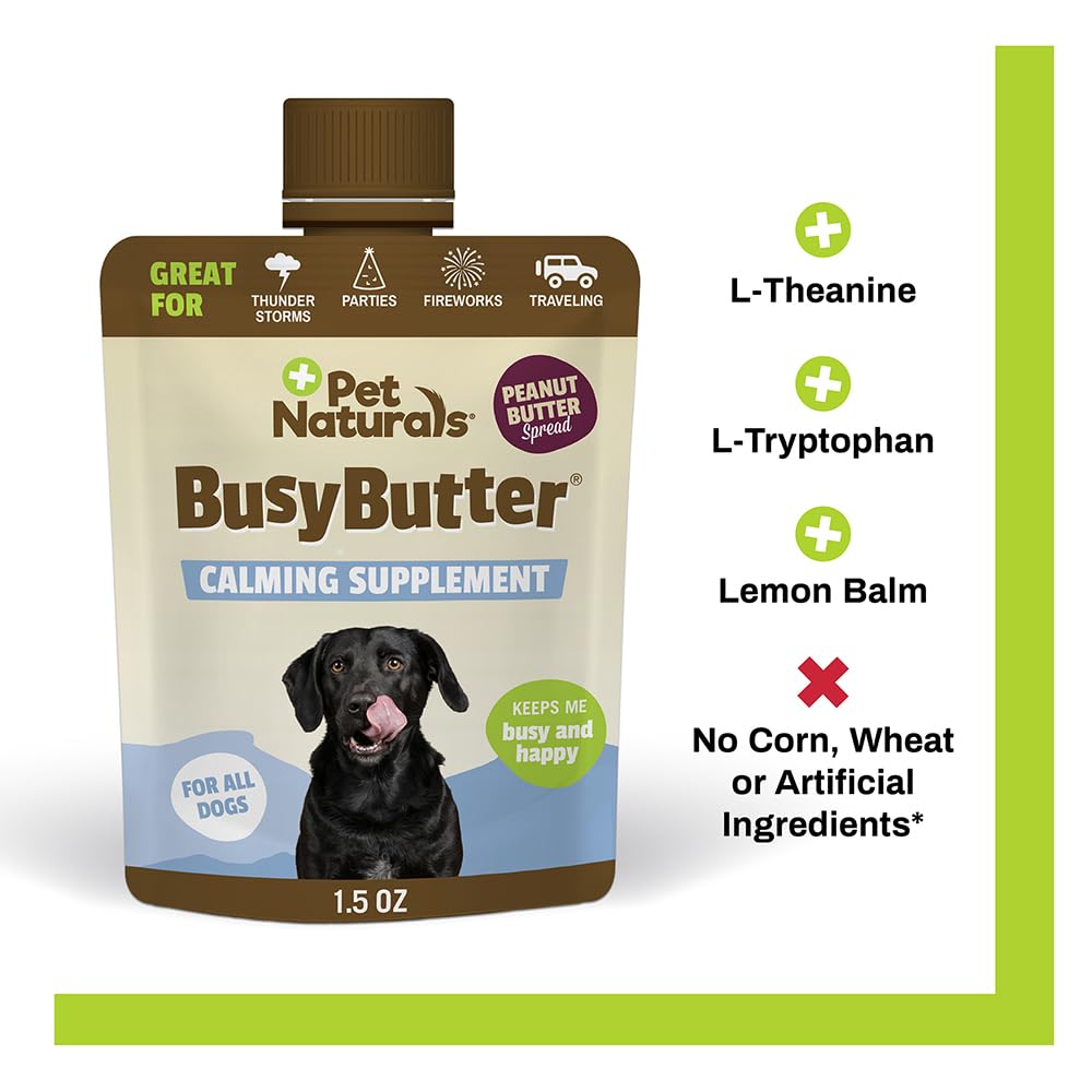 Pet Naturals BusyButter Easy Squeeze Calming Peanut Butter for Dogs, 6 Pouches - Great for Treats, Lick Mats, Training, Calming,