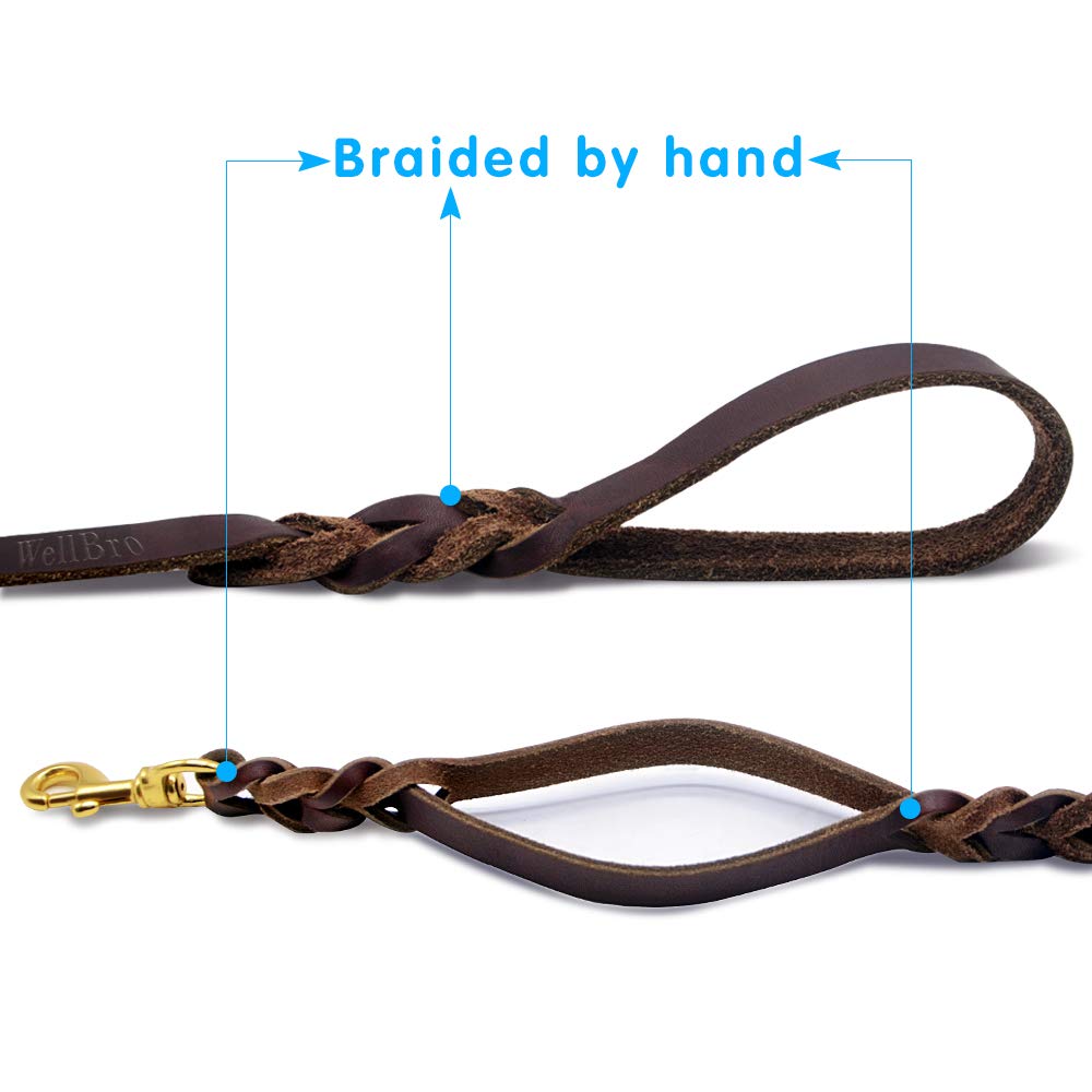 Wellbro Leather Double Handle Dog Leash-1.8cm Width by 6ft Length, Braided Training Lead with Traffic Handle, Easy Control and H