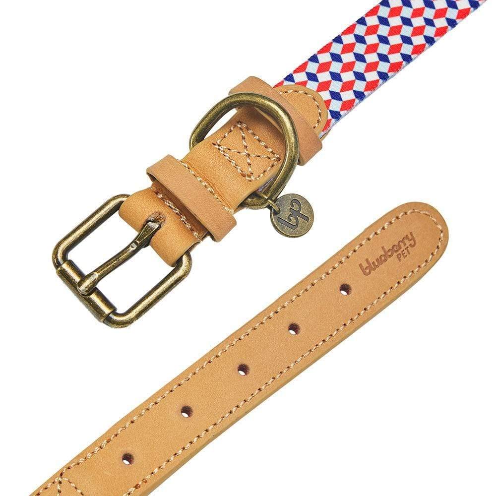 Blueberry Pet Multicolor Geometric Squares Genuine Full Grain Leather & Polyester Combo Adjustable Dog Collar, Medium, Neck 15''