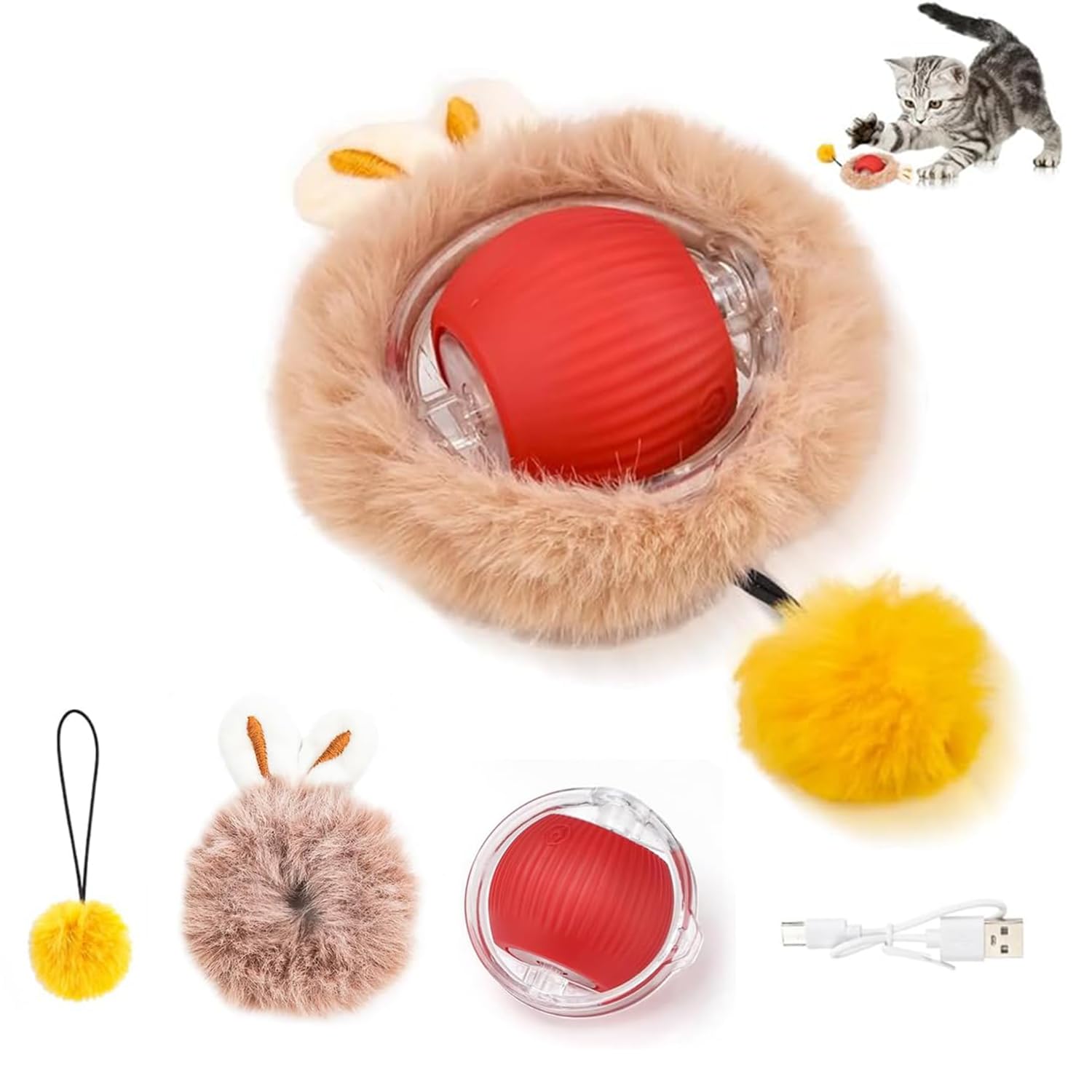 YellowCult Interactive Cat Toys Ball  Smart Rolling LED Ball, Plushy Furr Tail Automatic & USB Rechargeable Motion Activate for