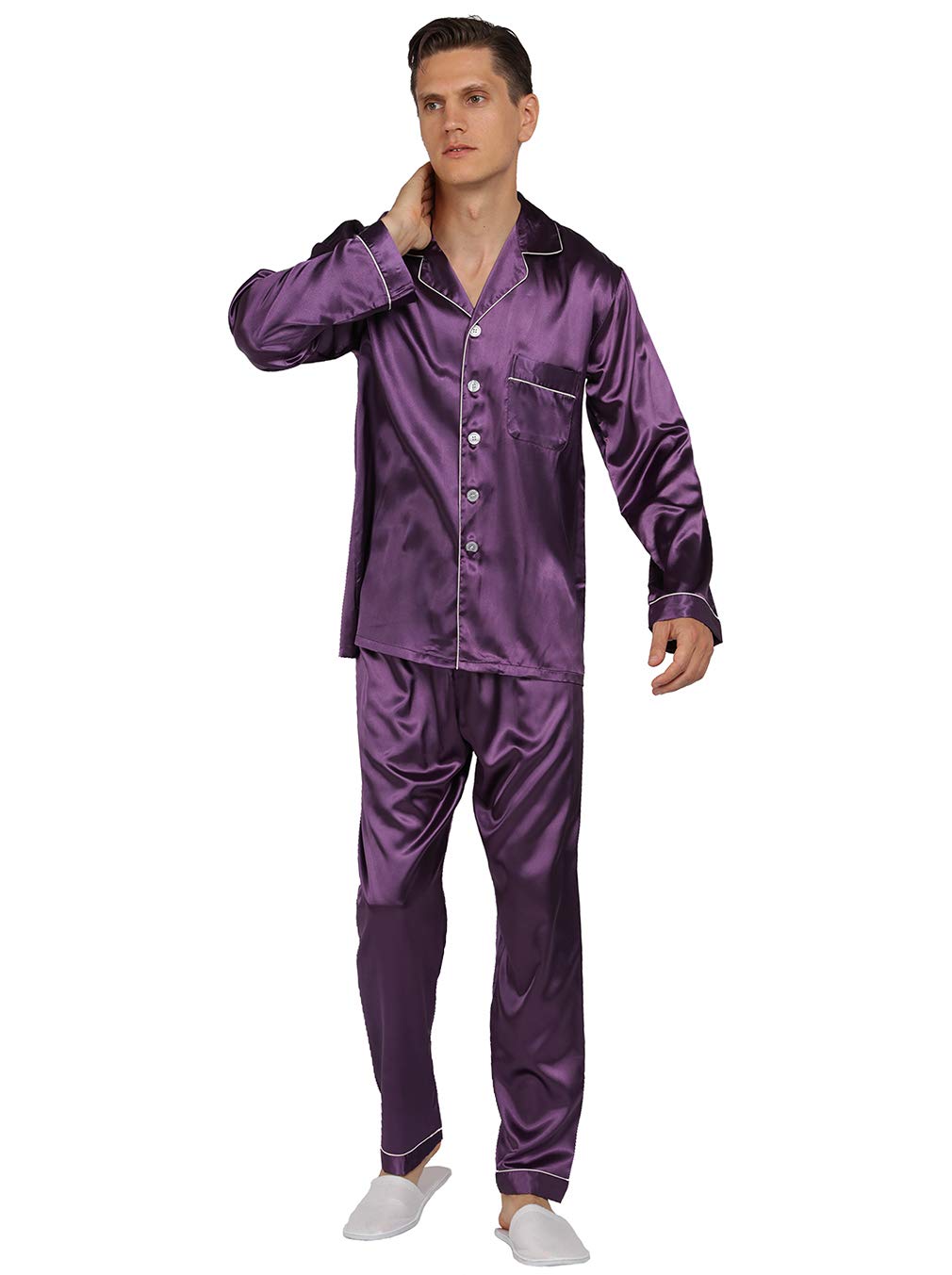 YIMANIE Mens Satin Pajamas Set, Classic Sleepwear Loungewear, Medium, Purple, Polyester, Model US-YMN-SE-09-ZS-M