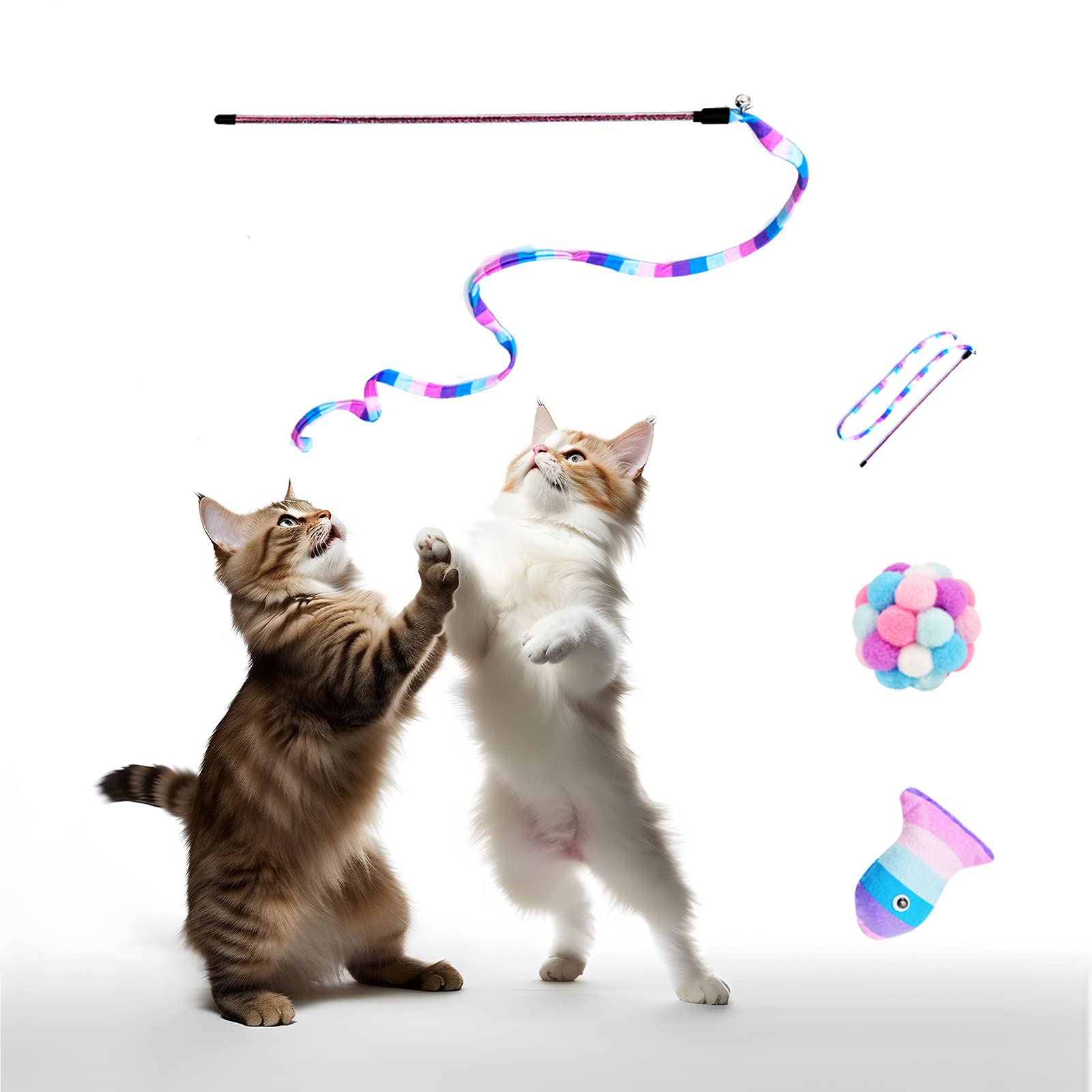 Tusatiy Cat Toys 3 Pack Set - Rainbow Cat Wand, String & Ball With Bell & Catnip, Interactive Kitten Toys For Indoor Play (Purpl