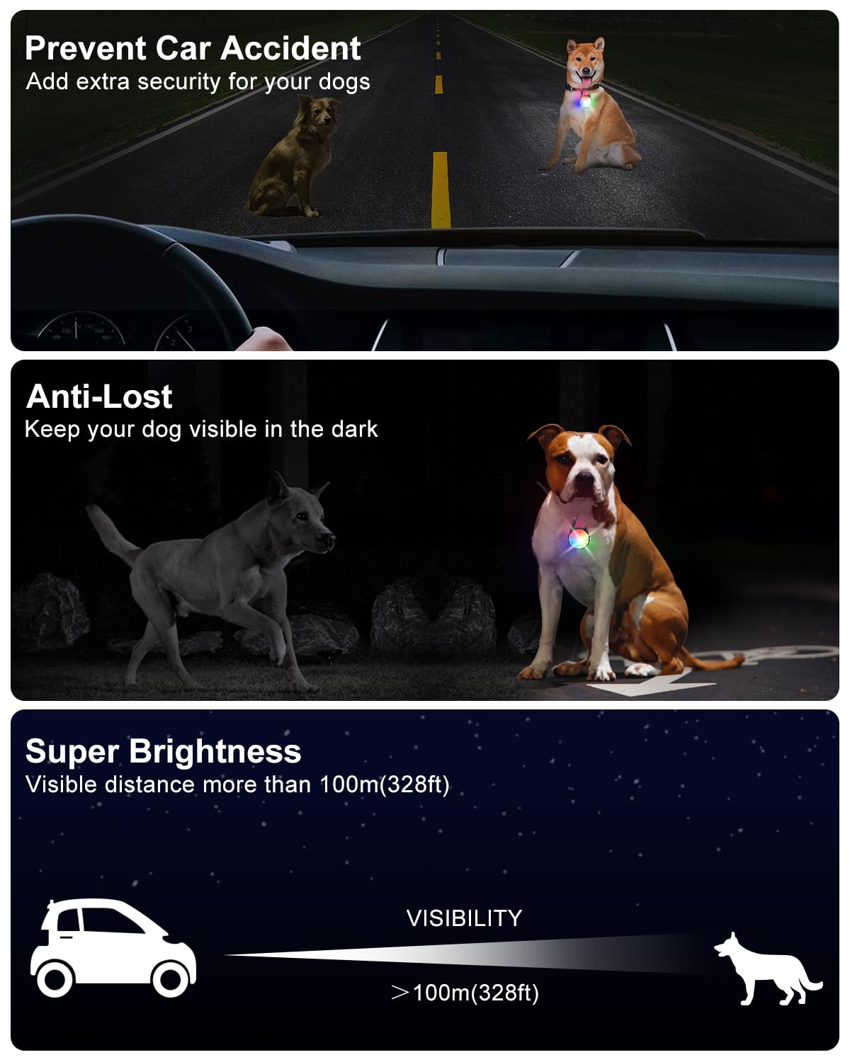 Dog Lights for Night Walking, 2 Pack Clip On Dog Collar Light for Nighttime Rechargeable, 4 Modes LED Collar Charm for Safety Ru