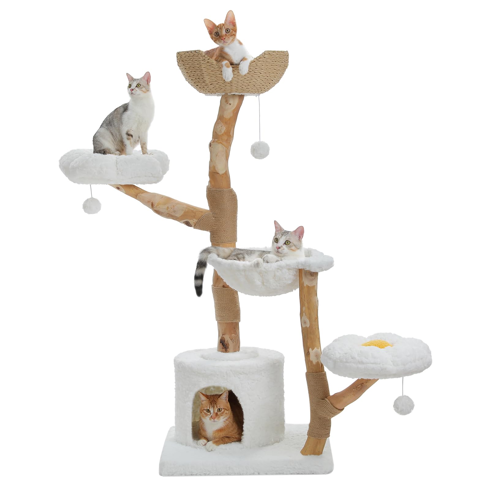 Pawz Road Cat Tree For Indoor Cats Large Adults, 59 Inches Modern Cat Tower With Large Basket And Hammock, Natural Solid Wood, L