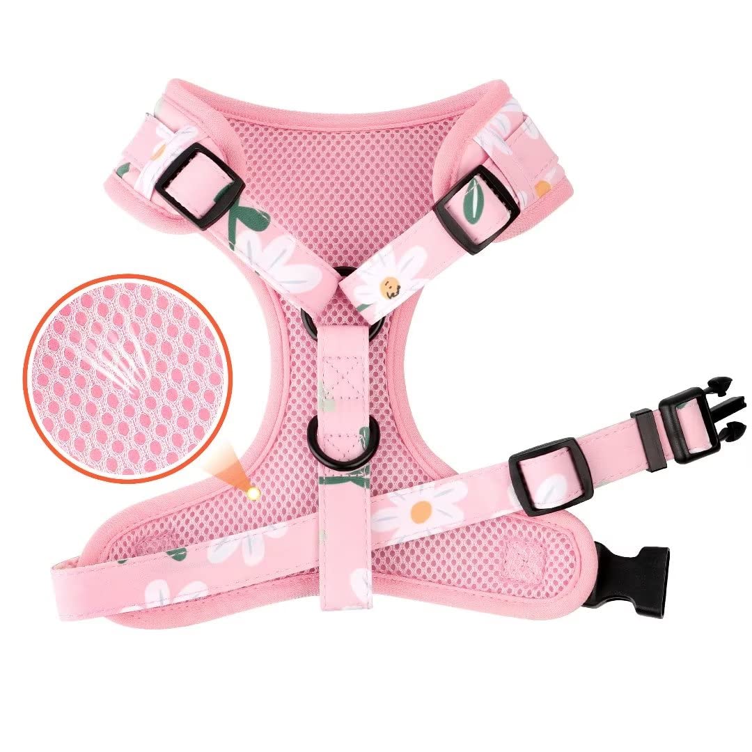 Beirui Cute Girl Dog Collars, Harnesses & Leashes Set - Adjustable Dog Collar And Leash Set With Flower - Soft Mesh Dog Vest Harness For Puppies Small Medium Dogs (Pink-1,S)