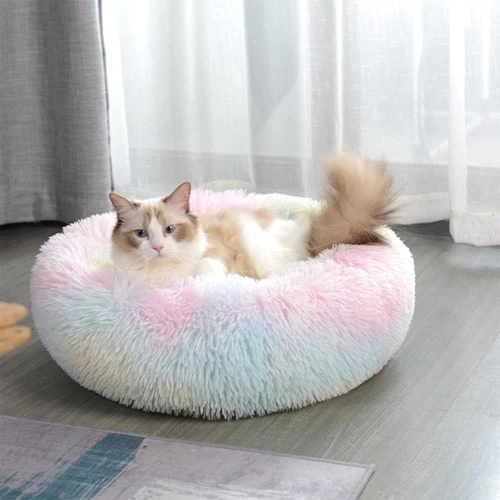 Cat Beds For Indoor Cats - Cat Bed Washable 20/24 Inches, Dog Beds For Small Medium Dogs, Anti Anxiety Round Fluffy Plush Faux Fur Cat Bed, Thick Bottom (Rainbow, Medium)
