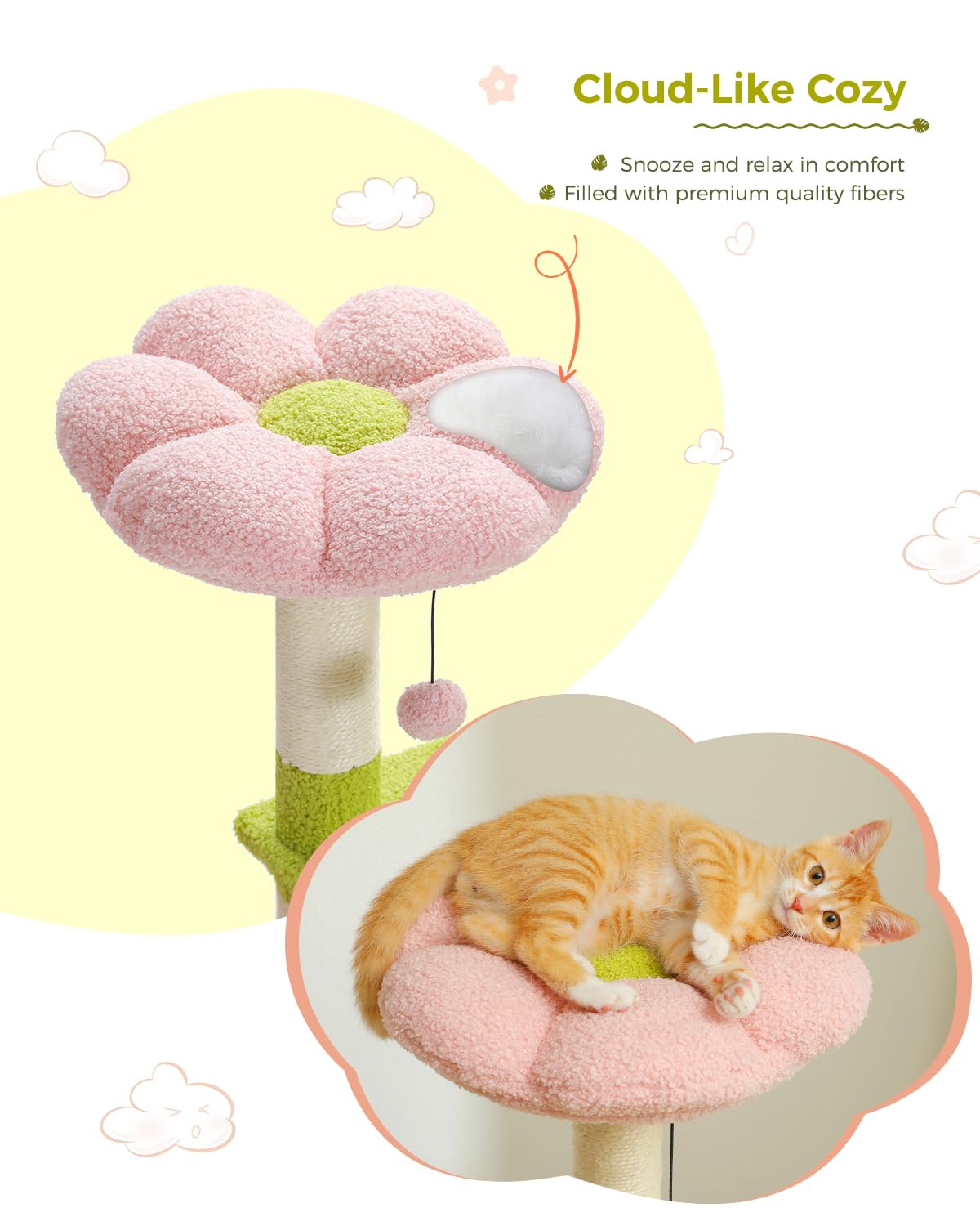 Muttros Flower Cat Tree 47.2' Multi-Level Cat Tower With Sisal Covered Scratching Posts, Cute Cat Condo For Indoor Small Medium