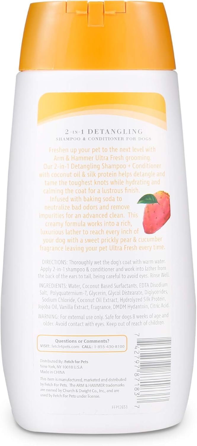 Arm & Hammer Ultra Fresh 2-in-1 Detangling Shampoo + Conditioner, Cucumber Pear Scent - Dog Bathing with Coconut Oil, Baking Sod