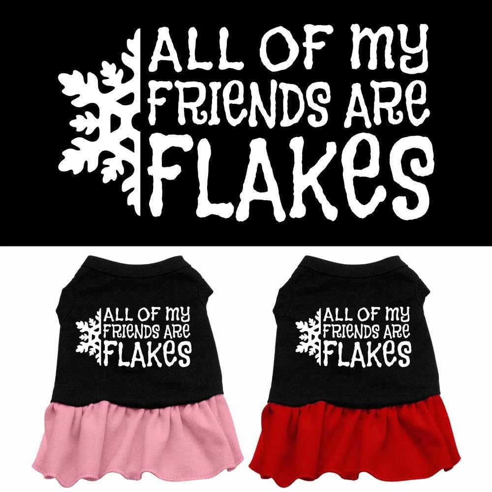 Christmas Pet Dog & Cat Dress Screen Printed, &quot;All Of My Friends Are Flakes&quot; Black W/Light Pink XS (0-3 lbs.)