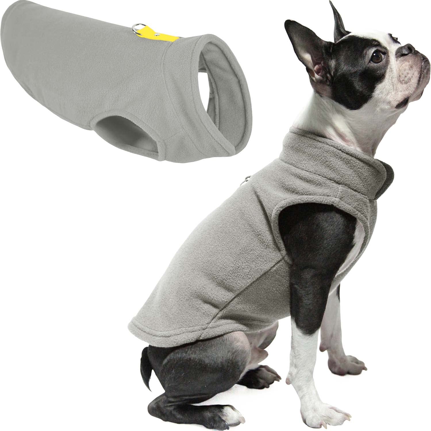 Gooby Fleece Vest Dog Sweater - Gray-Yellow, X-Small - Warm Pullover Fleece Dog Jacket With O-Ring Leash - Winter Small Dog Sweater Coat - Cold Weather Dog Clothes For Small Dogs Boy Or Girl