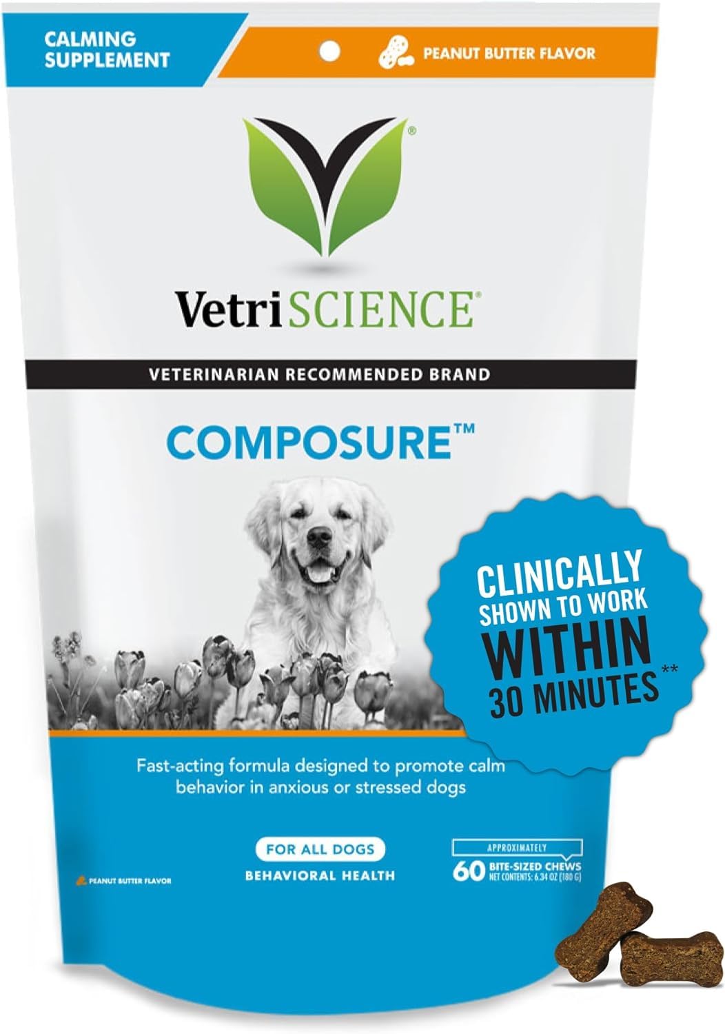 Vetriscience Composure Calming Chews For Dogs - Clinically Proven Dog Anxiety Relief Supplement With Colostrum, L-Theanine & Vitamin B1 For Stress, Storms, Separation & More - 60 Peanut Butter Chews