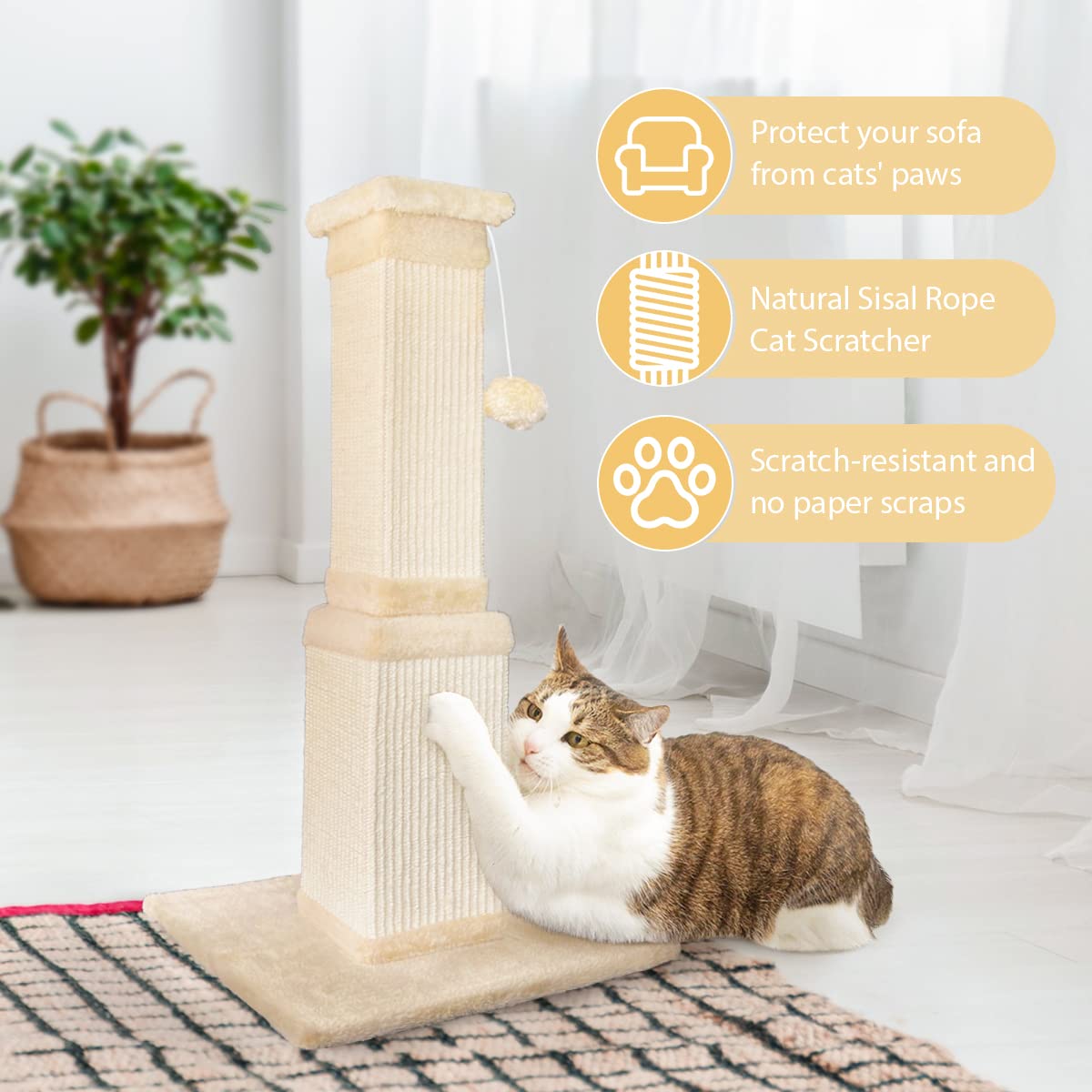 Agym Cat Scratching Post, 32 Inch Cat Scratching Post For Large Cats, Scratching Posts For Indoor Cats Adults, Cat Scratch Post With Nature Sisal, Beige