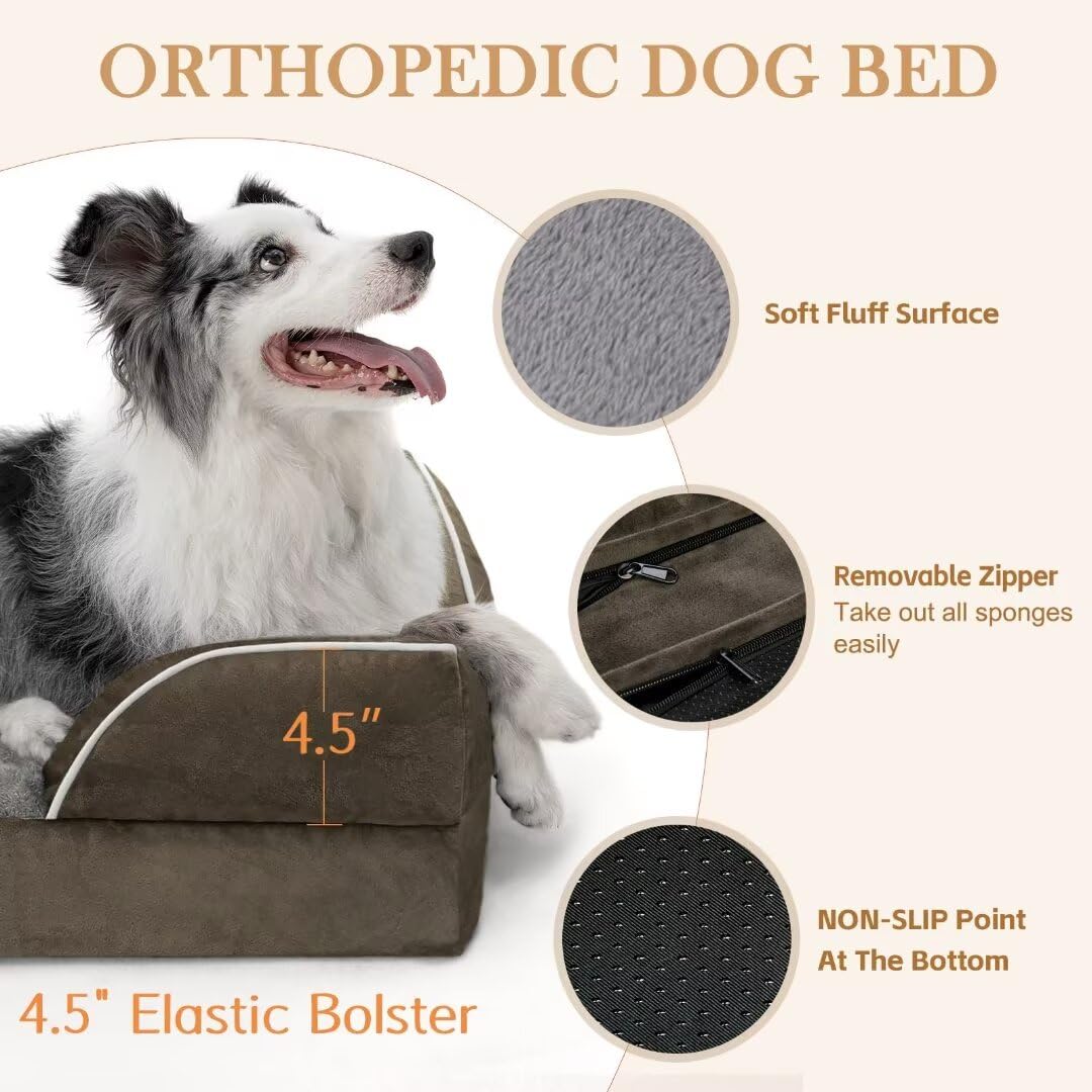 Comfort Expression Orthopedic Memory Foam Dog Bed, Cooling Dog Bed For Large Dogs, Waterproof Dog Beds, Washable Dog Bed With Removable Cover,Pet Bed Dog Sofa With Bolster(Large,Olive Green)