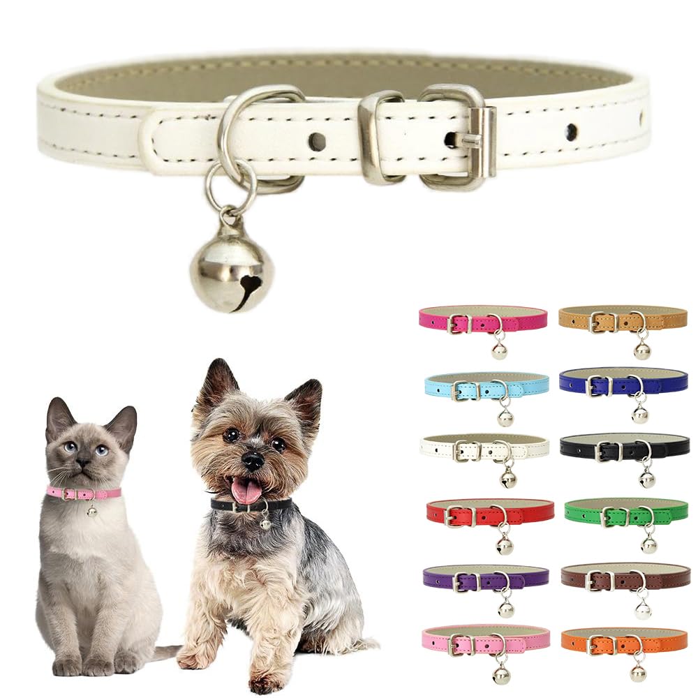 White Small Dog Collar With Bell,Soft Pu Leather Female Puppy Collar With Bells Basic Girls Cat Collar With Bells For Xxs Xsmall