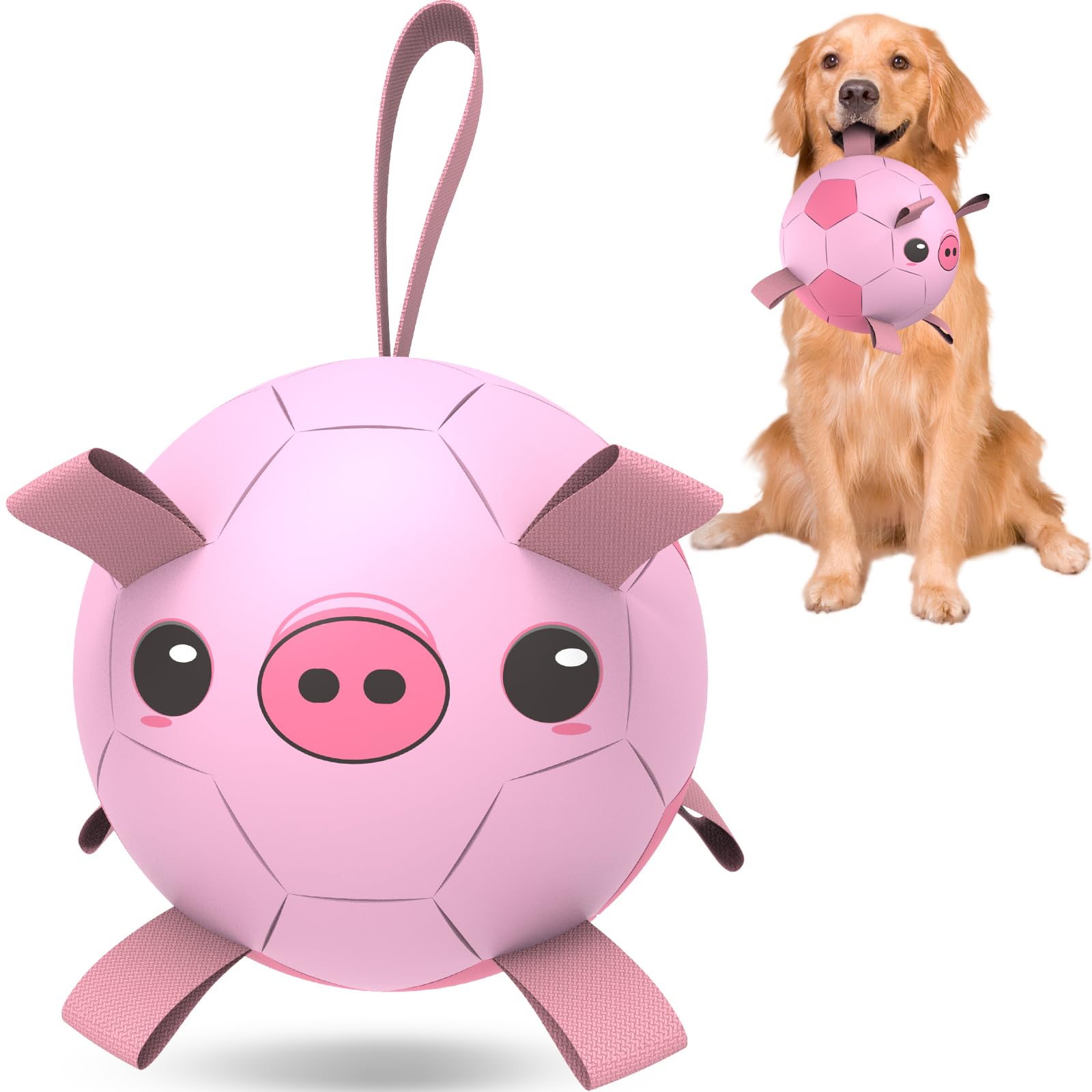 Qdan Dog Toys Soccer Ball With Straps, Interactive Toy For Tug Of War & Fetch, Puppy Birthday Gift, Medium & Large Dog - Pink Pi