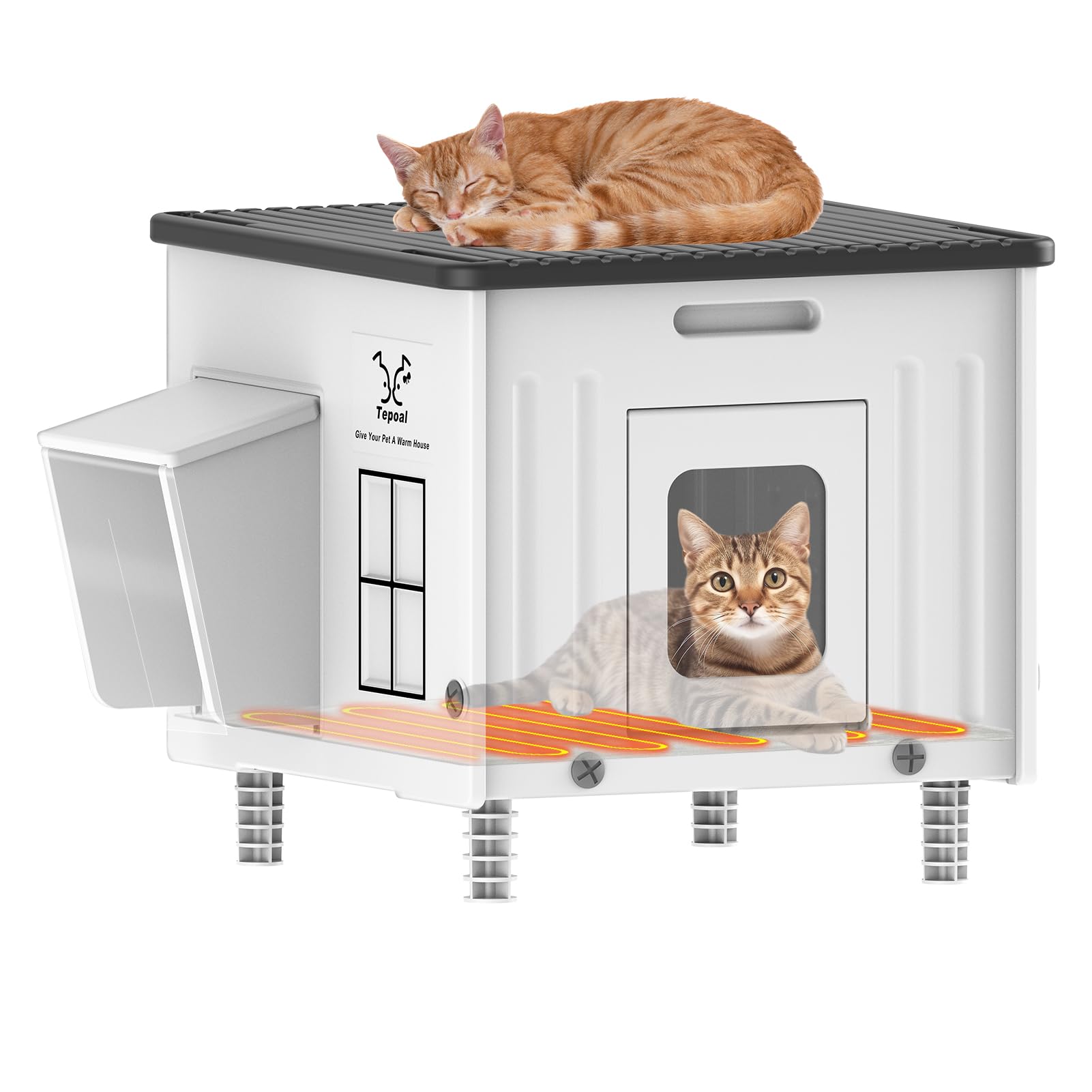 Dahivs Indestructible Large Heated Cat House for Outside, Heated Outdoor Cat House 100% Weatherproof with Escape Door, Insulated