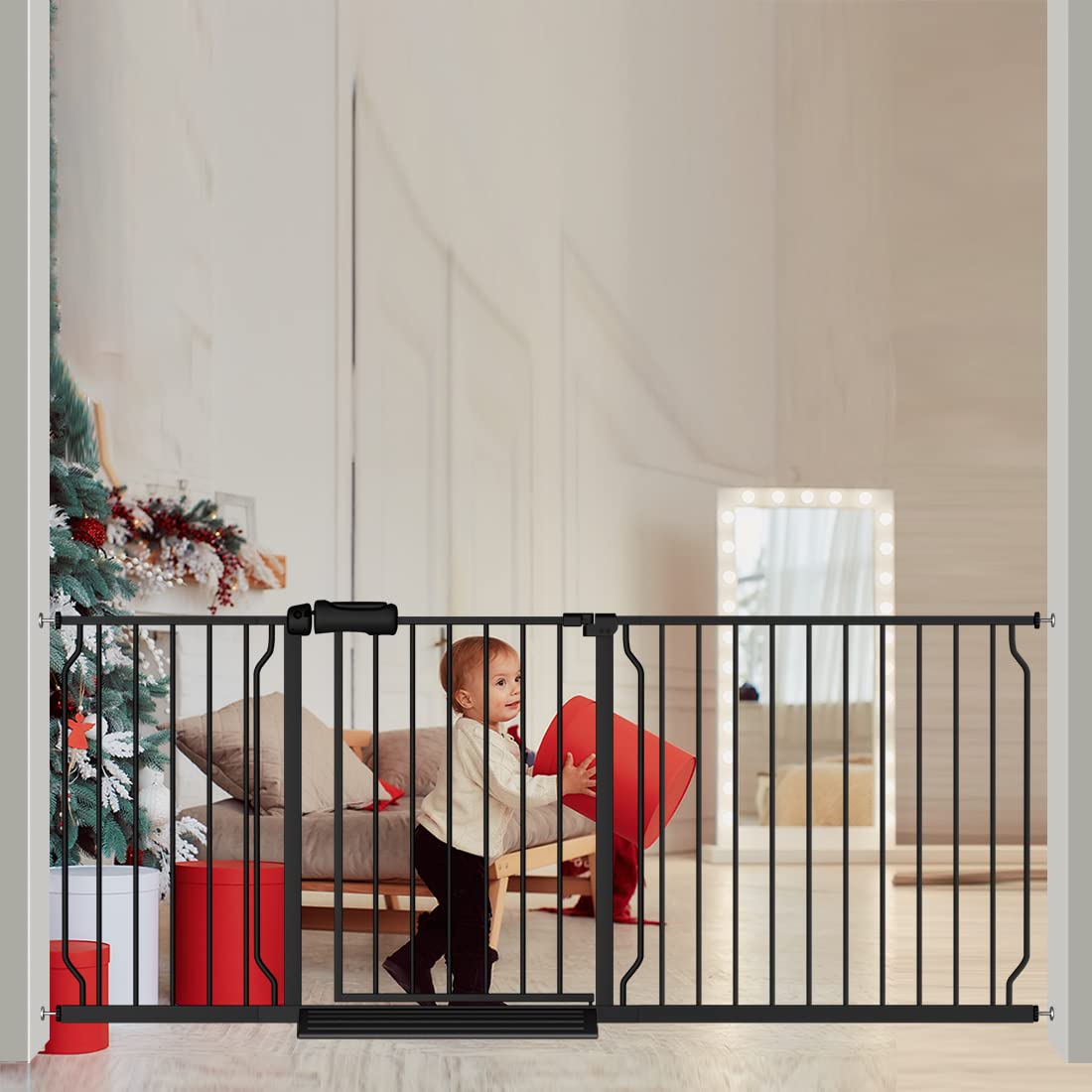 Flower Frail Extra Wide Baby Gate 71.6-76.37 Inch Black, Walk Through Pressure Mounted No Drill Long Large Tension Metal Gate fo