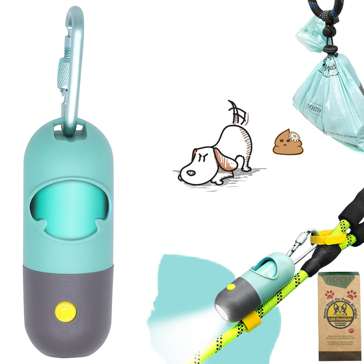 Yuchiya Dog Poop Bag Dispenser With Flashlightdog Poop Bag Holder With Leash Cliphands-Free Leash Poop Bag Holder With Straps An