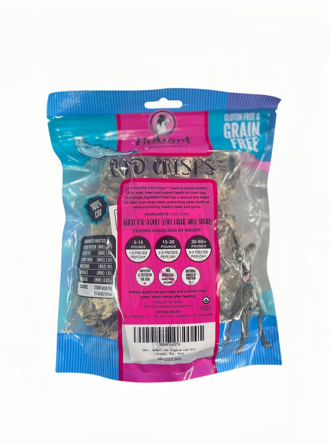 Hubert Pet Premium Cod Skin Crisps - Single Ingredient Gourmet Dog Treats, 8 oz Resealable Trial Size Bag