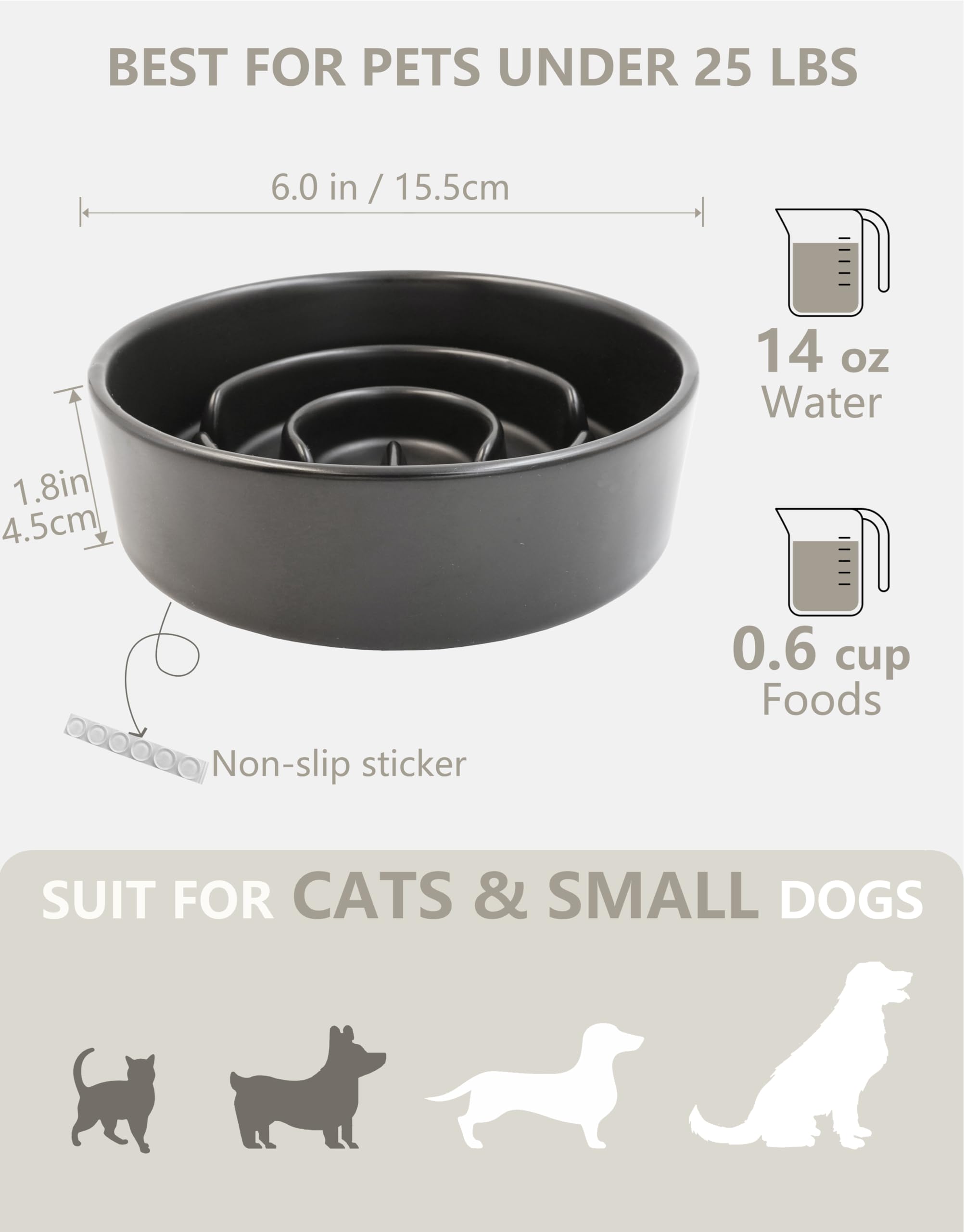 Mopang Ceramic Slow Feeder Dog Bowls, 0.6 Cup Slow Feeder For Small Dogs And Cats, Puzzle Maze Bowl, Prevents Choking, 6In, Blac